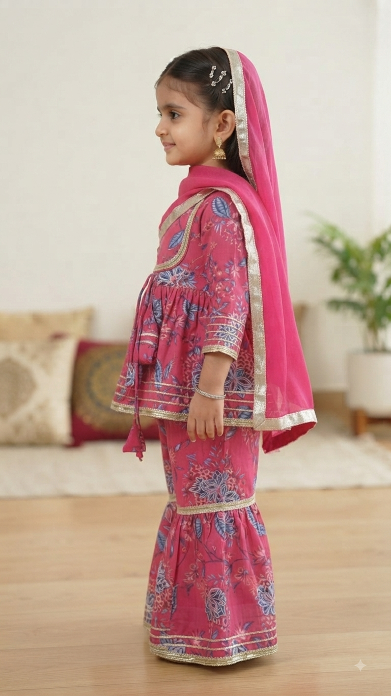 Olecuzi Designer Pink Floral Print Peplum Kurti with Sharara and Dupatta Set for Girls