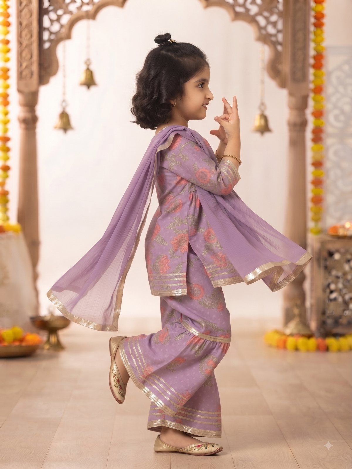 Lavender Floral Print Peplum Kurta & Sharara Set with Dupatta