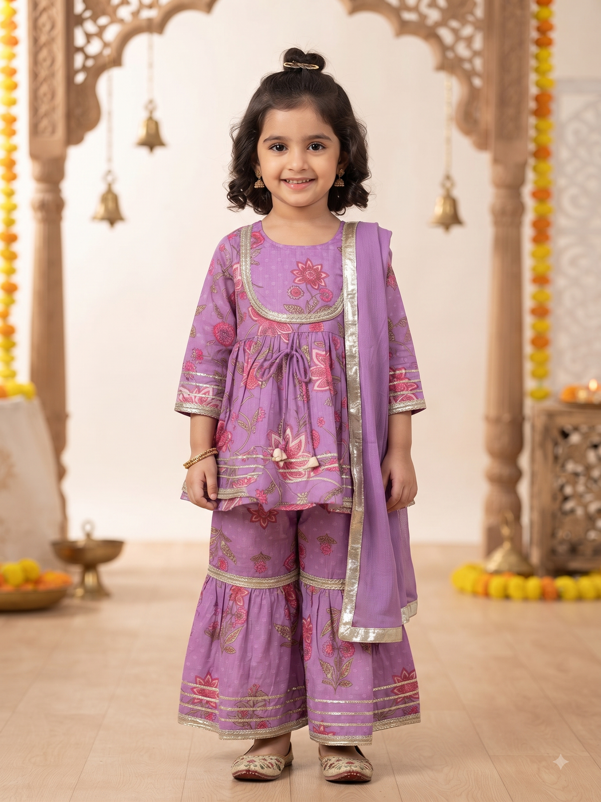 Lavender Floral Print Peplum Kurta & Sharara Set with Dupatta