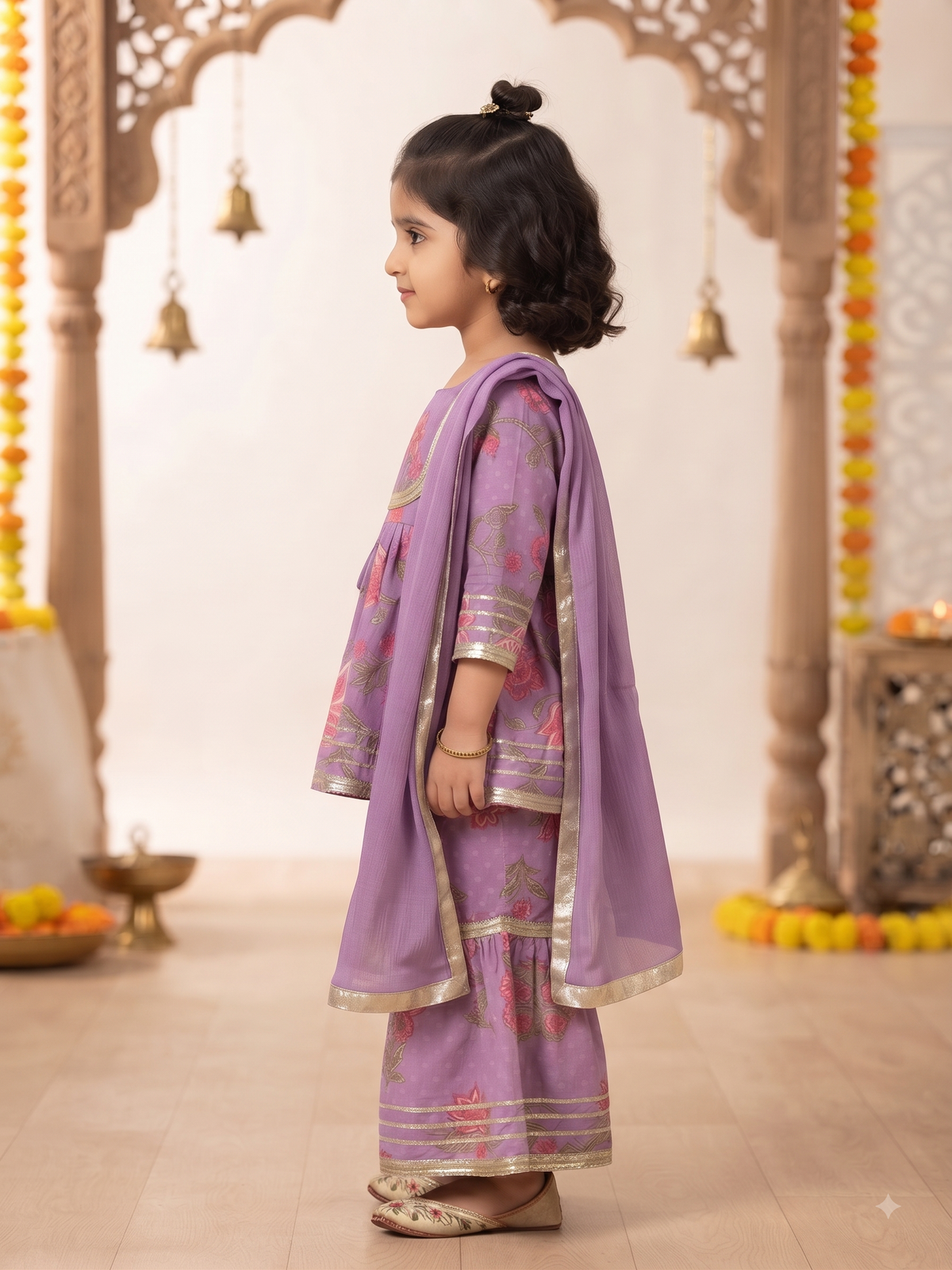 Lavender Floral Print Peplum Kurta & Sharara Set with Dupatta