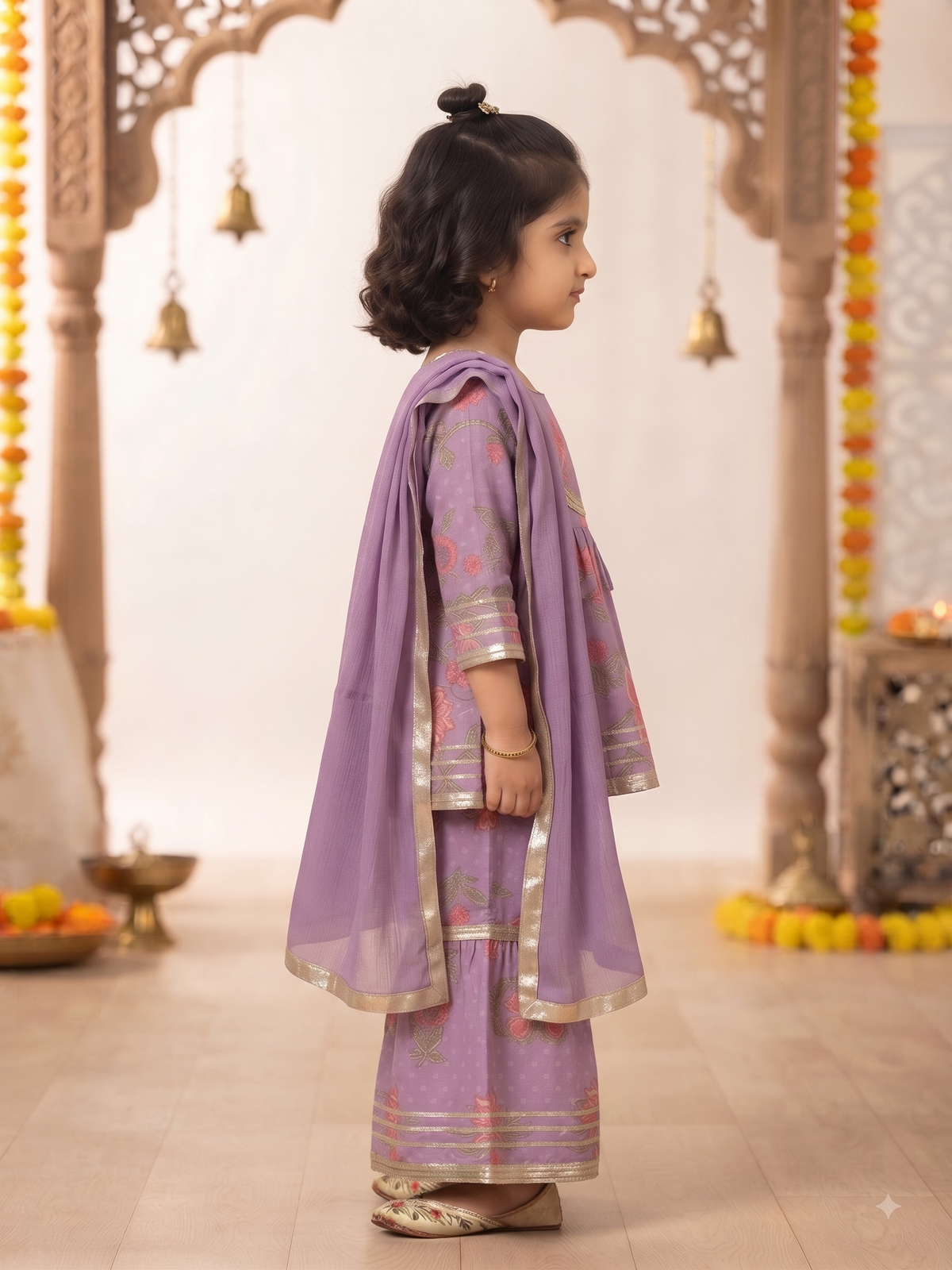 Lavender Floral Print Peplum Kurta & Sharara Set with Dupatta