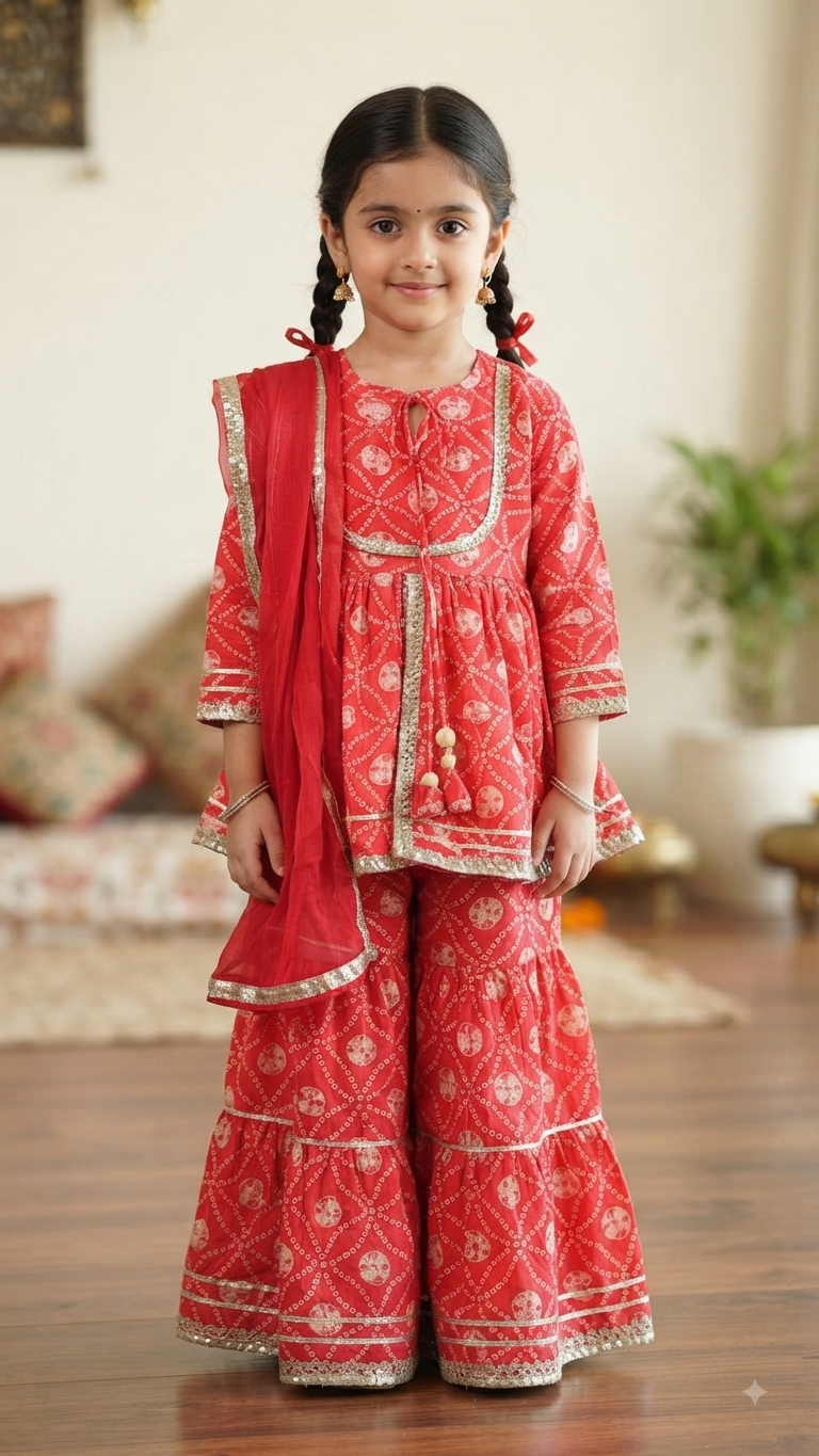 Olecuzi Designer Red Bandhani Print Peplum Kurti with Sharara and Dupatta Set for Girls