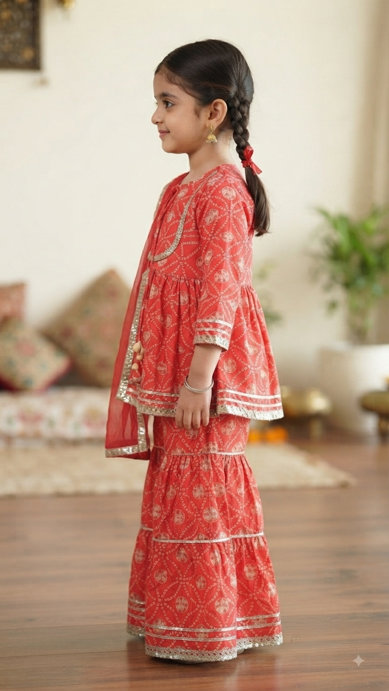 Olecuzi Designer Red Bandhani Print Peplum Kurti with Sharara and Dupatta Set for Girls