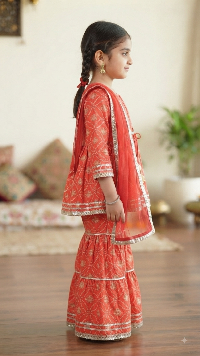 Olecuzi Designer Red Bandhani Print Peplum Kurti with Sharara and Dupatta Set for Girls