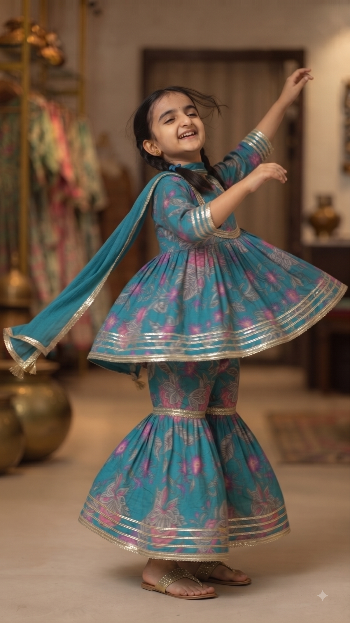 Kids Teal Blue Floral Printed Peplum Kurta with Sharara and Dupatta Set