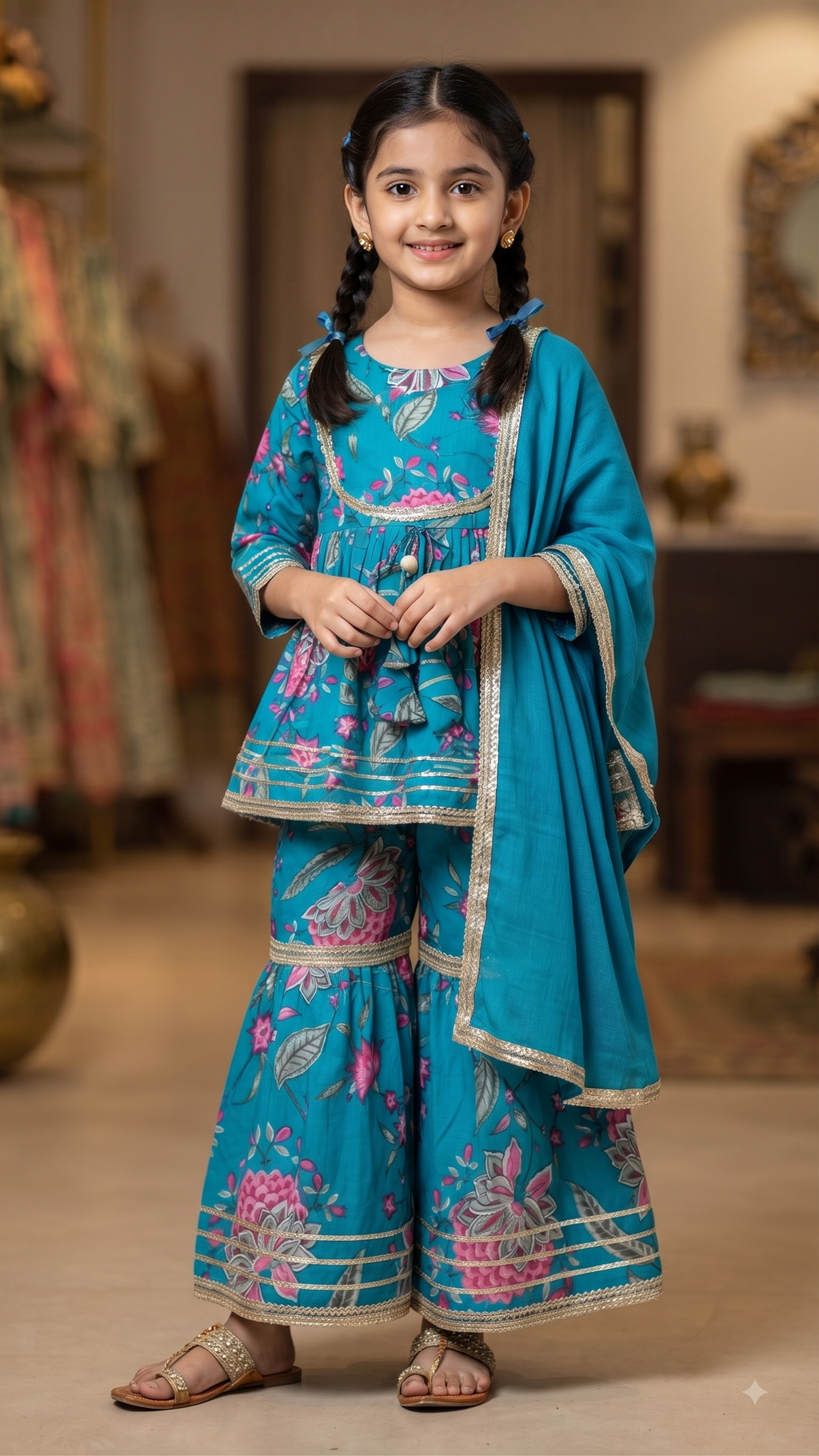 Kids Teal Blue Floral Printed Peplum Kurta with Sharara and Dupatta Set
