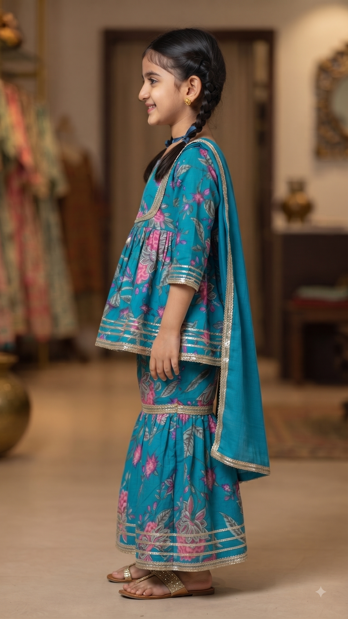 Kids Teal Blue Floral Printed Peplum Kurta with Sharara and Dupatta Set