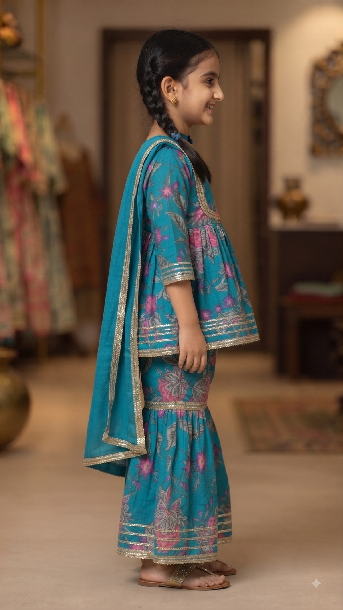Kids Teal Blue Floral Printed Peplum Kurta with Sharara and Dupatta Set