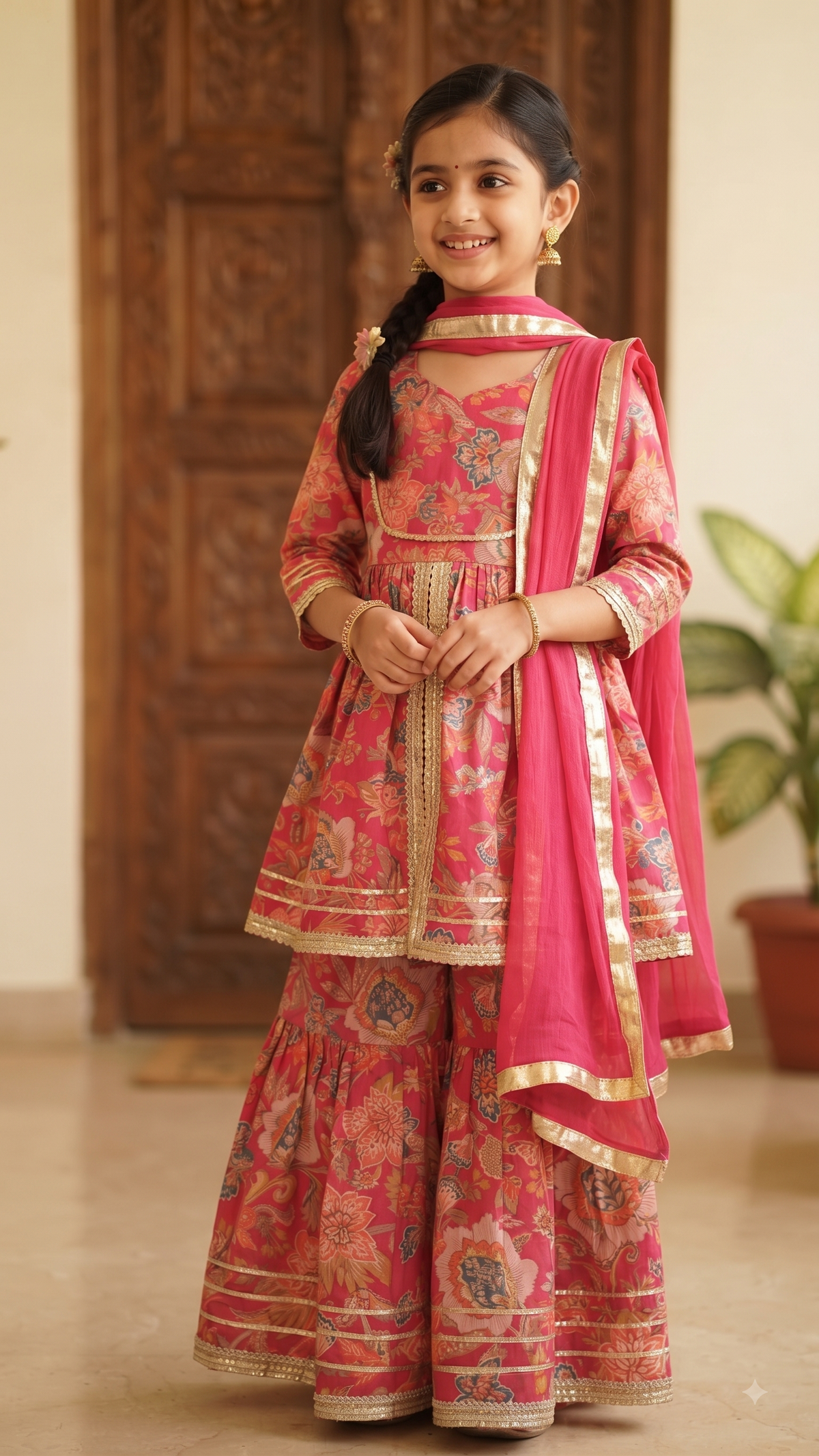 Olecuzi Designer Floral Print Kurti with Sharara and Dupatta Set for Girls