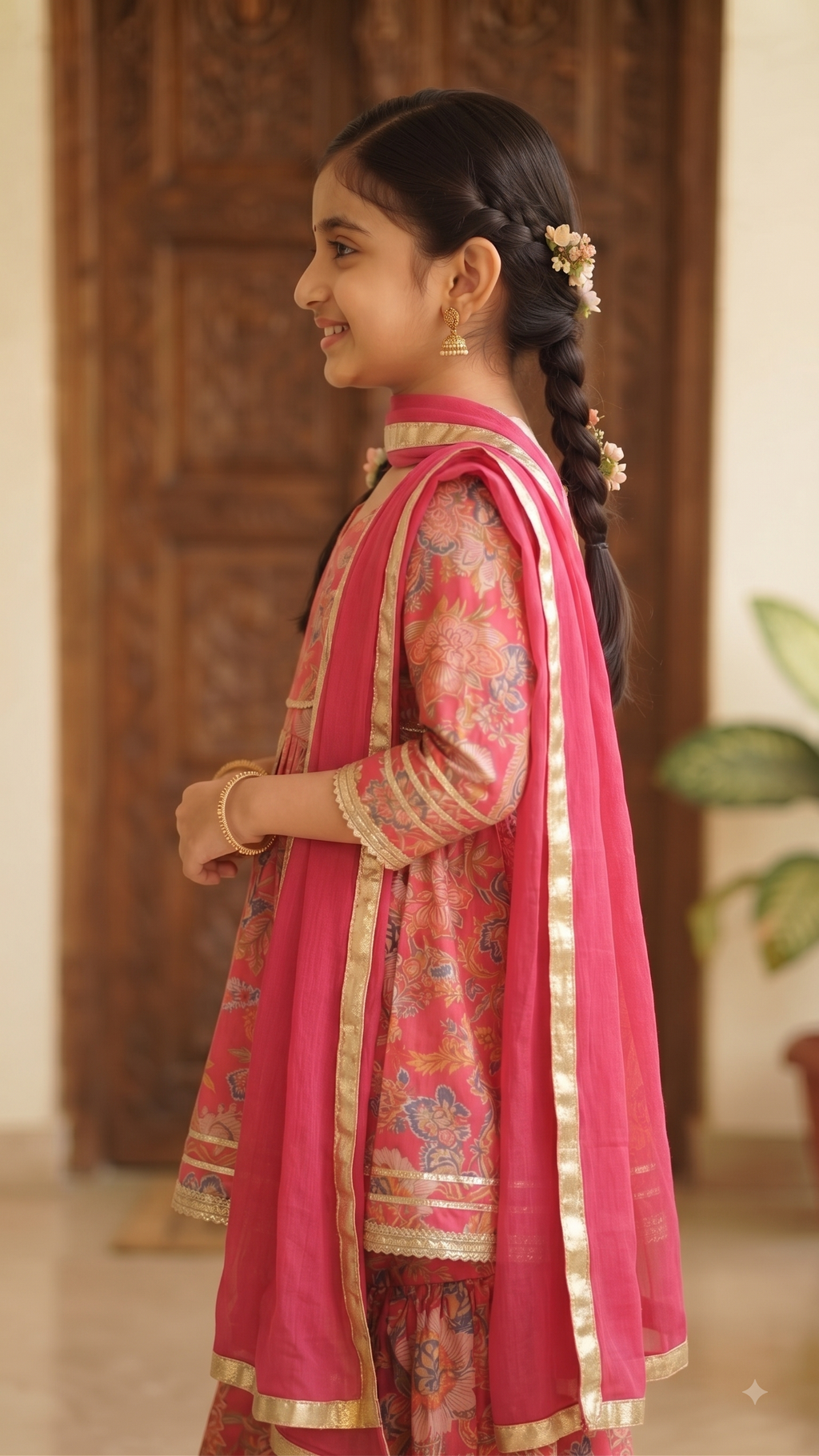 Olecuzi Designer Floral Print Kurti with Sharara and Dupatta Set for Girls