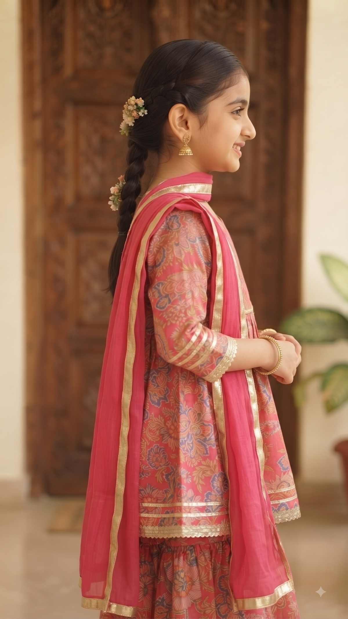 Olecuzi Designer Floral Print Kurti with Sharara and Dupatta Set for Girls