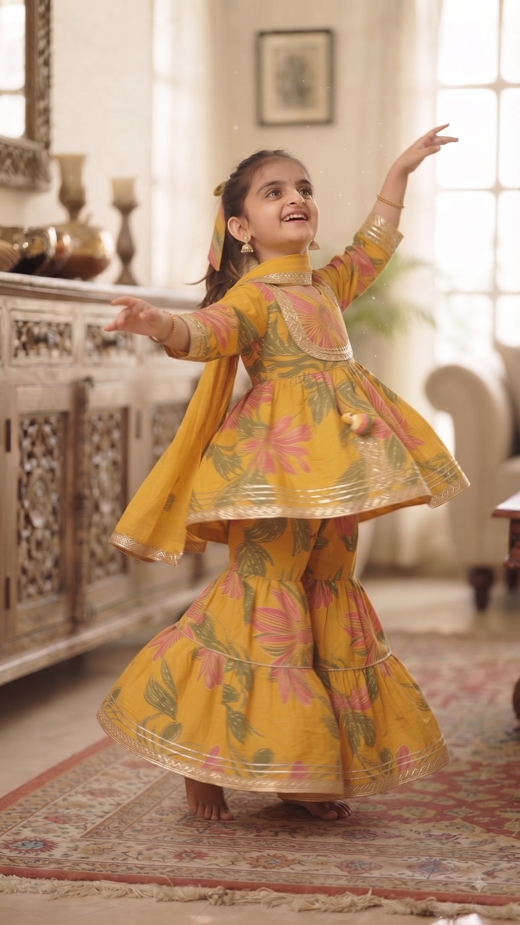 Olecuzi Vibrant Yellow Floral Print Peplum Kurti with Sharara and Dupatta Set