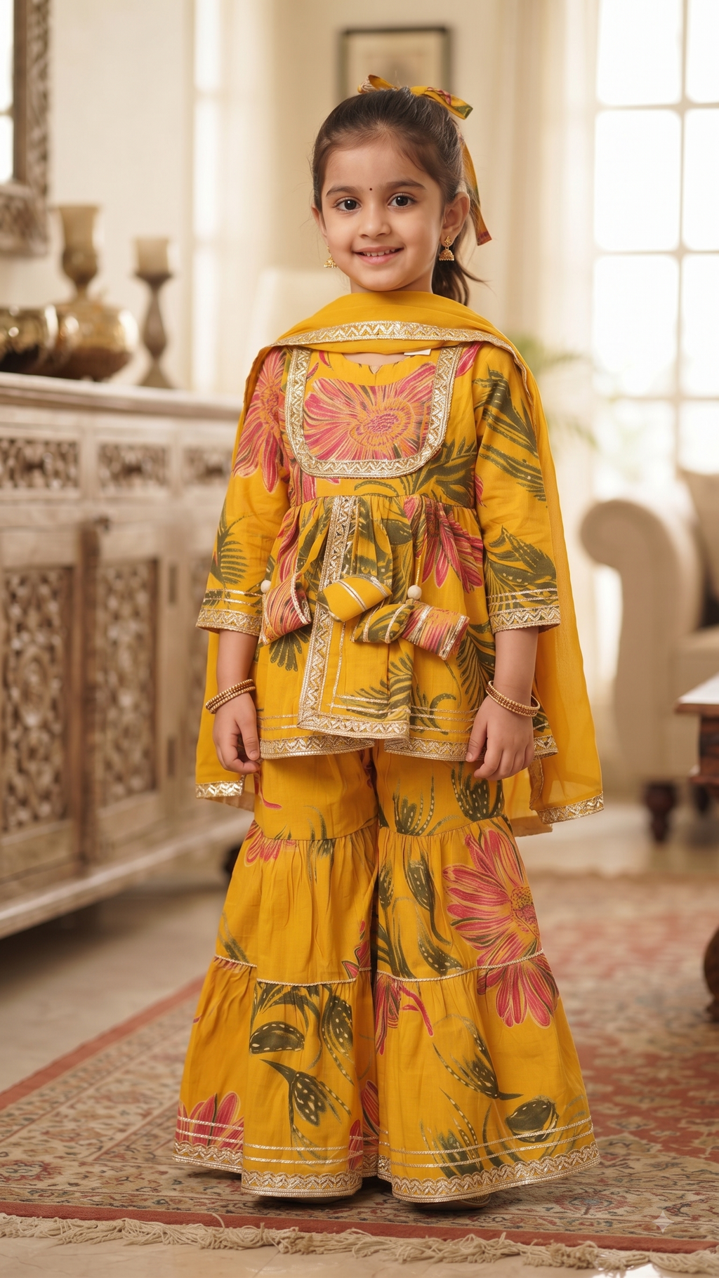 Olecuzi Vibrant Yellow Floral Print Peplum Kurti with Sharara and Dupatta Set