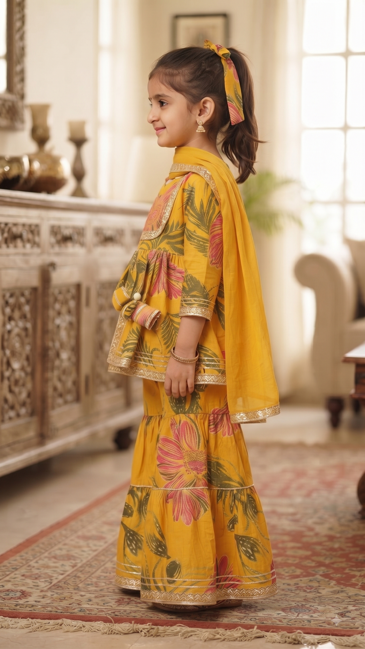 Olecuzi Vibrant Yellow Floral Print Peplum Kurti with Sharara and Dupatta Set