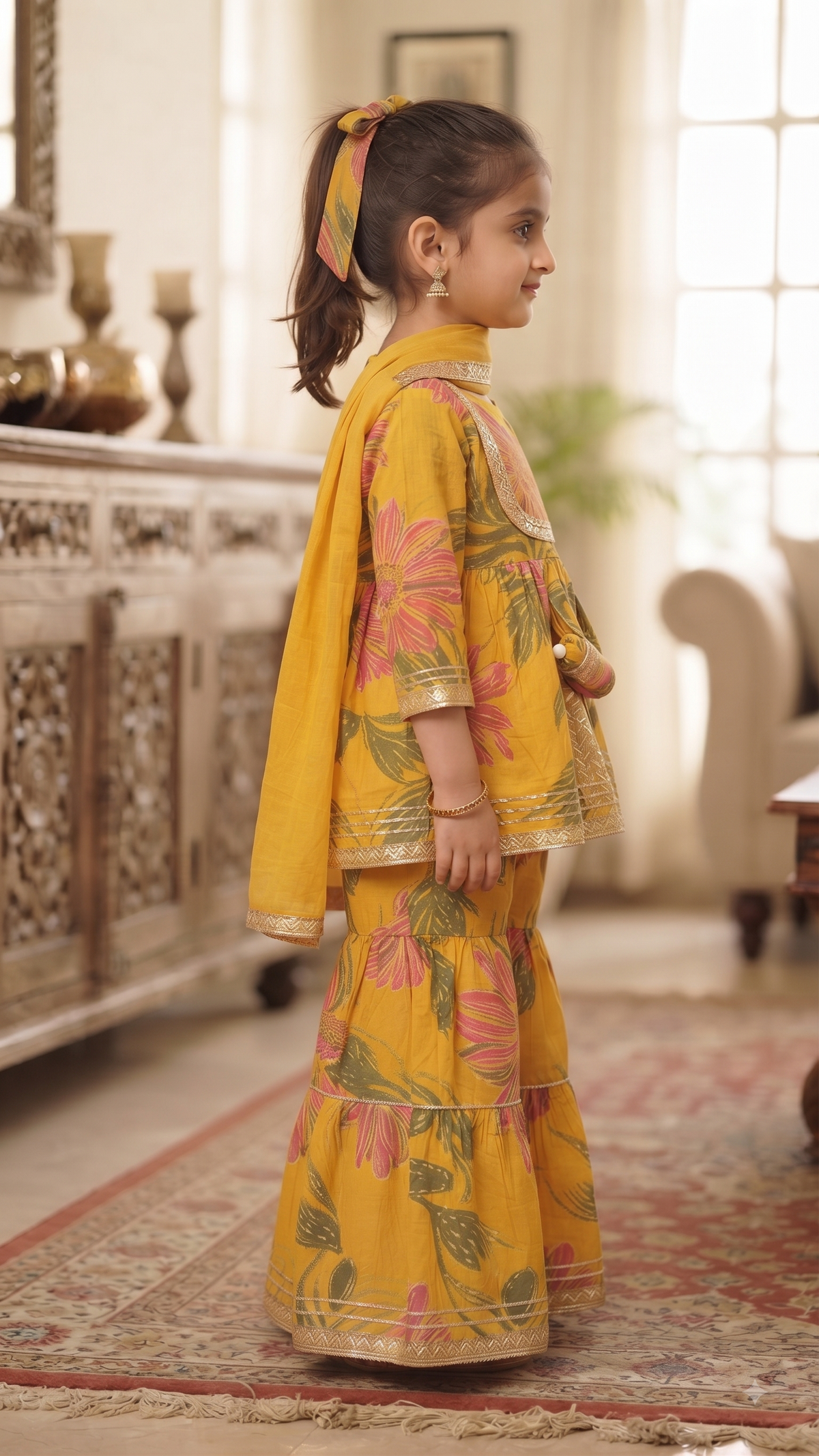 Olecuzi Vibrant Yellow Floral Print Peplum Kurti with Sharara and Dupatta Set