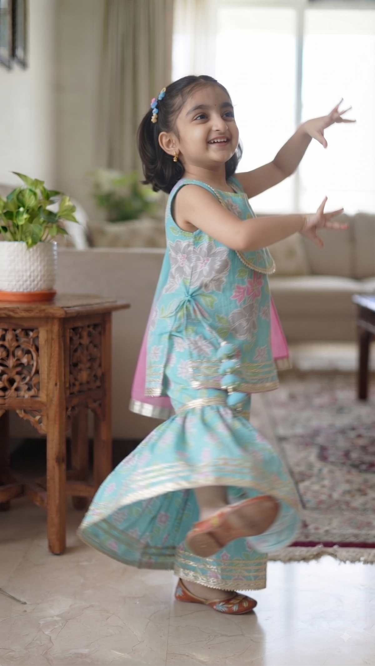 Blue Floral Printed Cotton Kurta with Sharara & Dupatta Set for Girls