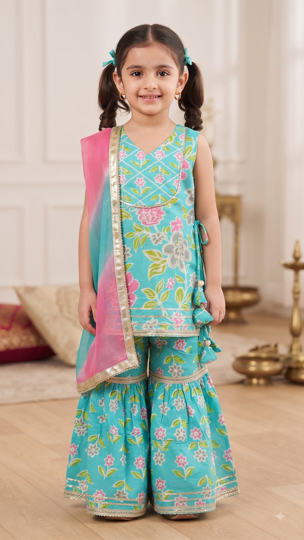 Blue Floral Printed Cotton Kurta with Sharara & Dupatta Set for Girls