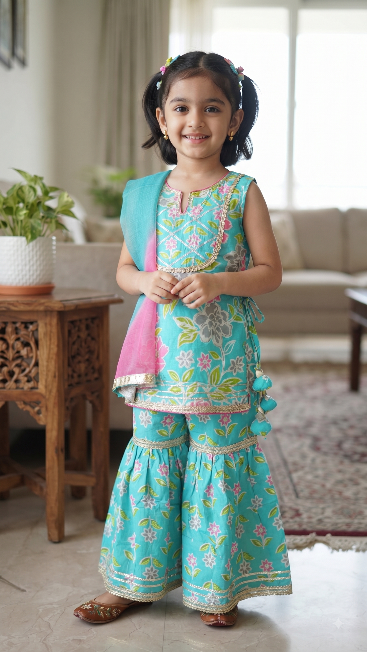 Blue Floral Printed Cotton Kurta with Sharara & Dupatta Set for Girls