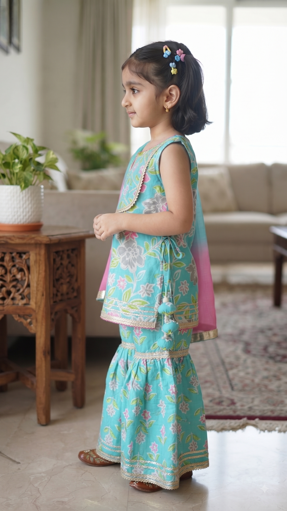 Blue Floral Printed Cotton Kurta with Sharara & Dupatta Set for Girls