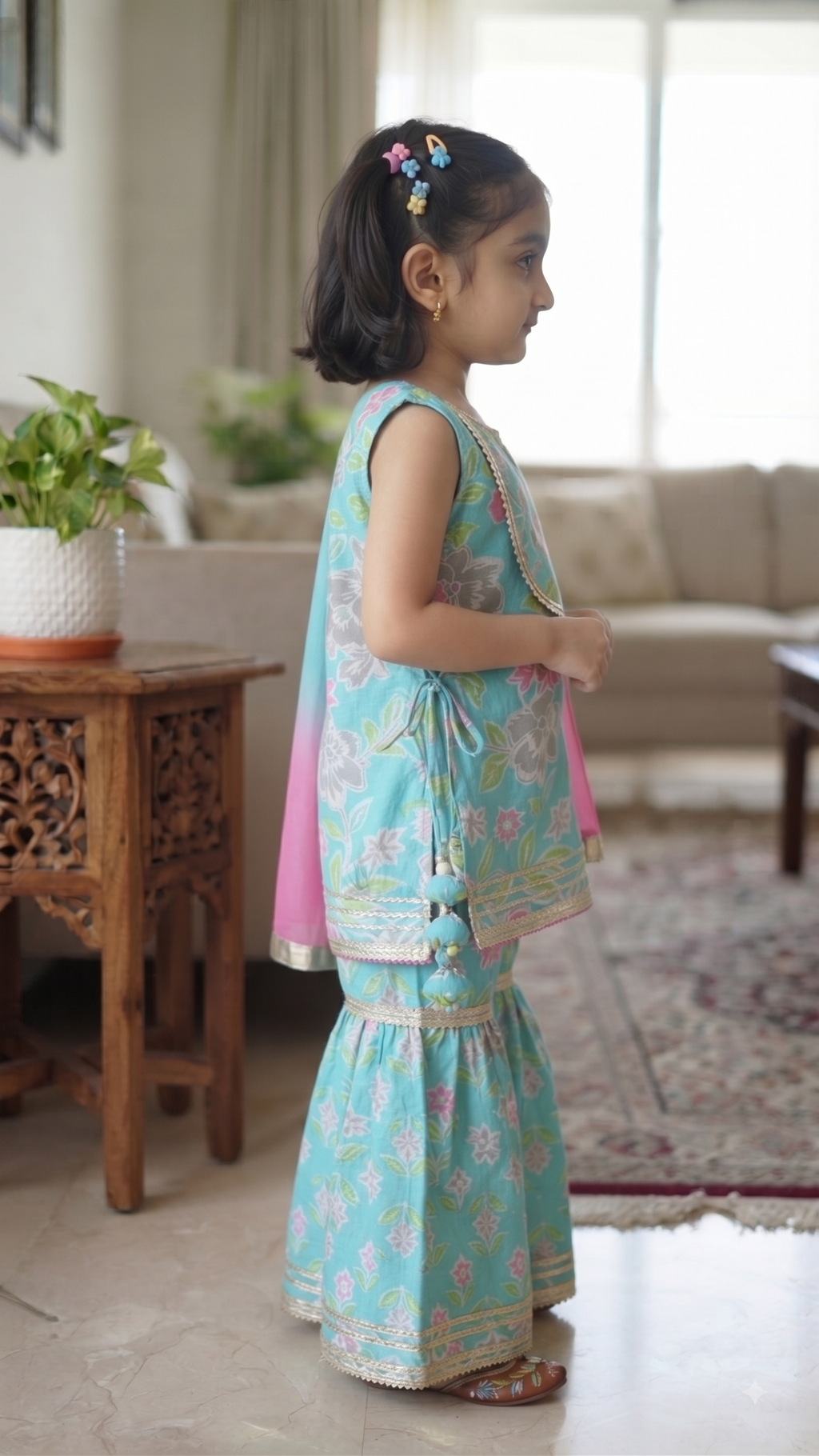 Blue Floral Printed Cotton Kurta with Sharara & Dupatta Set for Girls