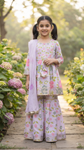 Girls Lavender Floral Printed Kurta with Sharara & Dupatta Set