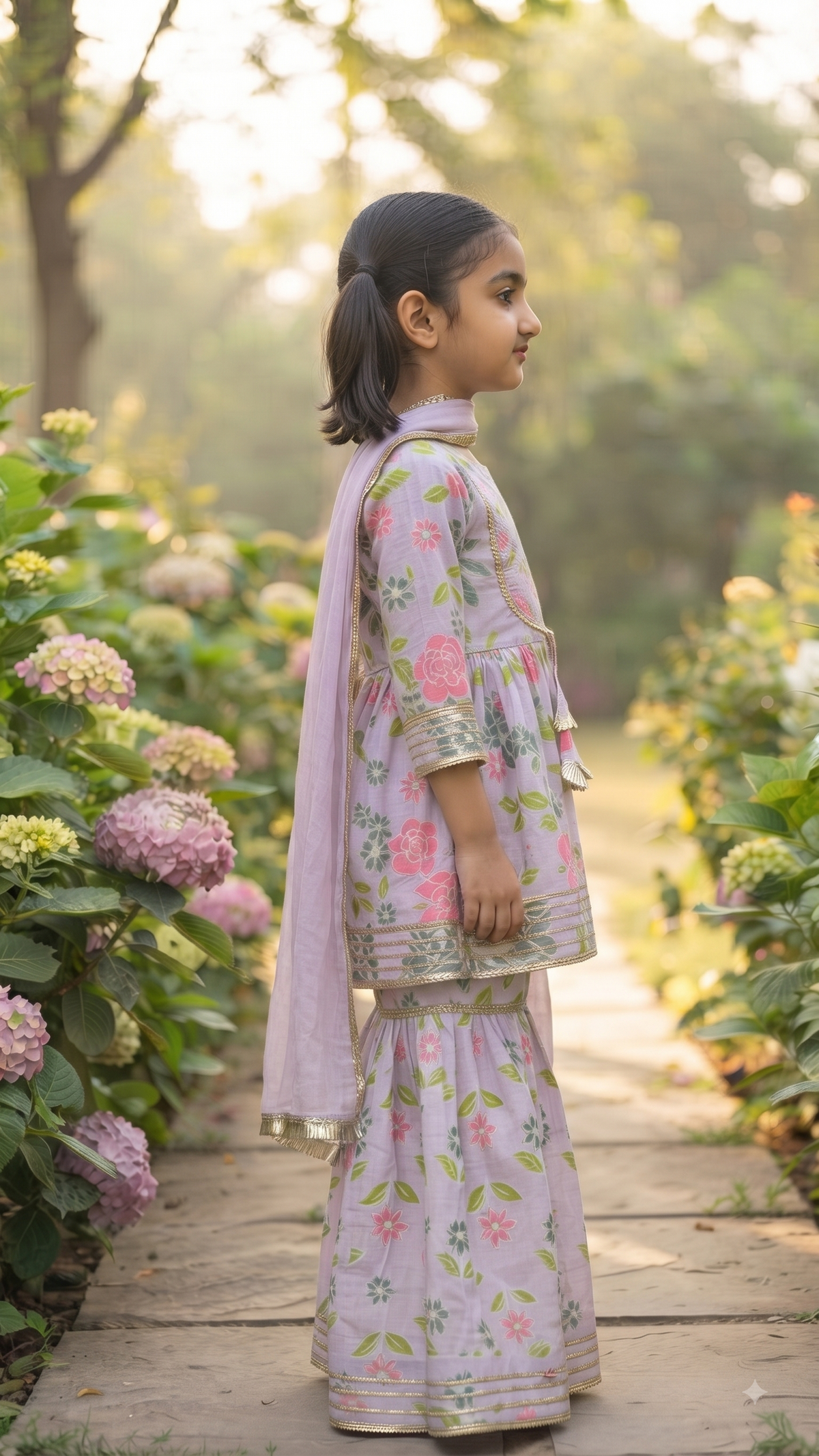 Girls Lavender Floral Printed Kurta with Sharara & Dupatta Set