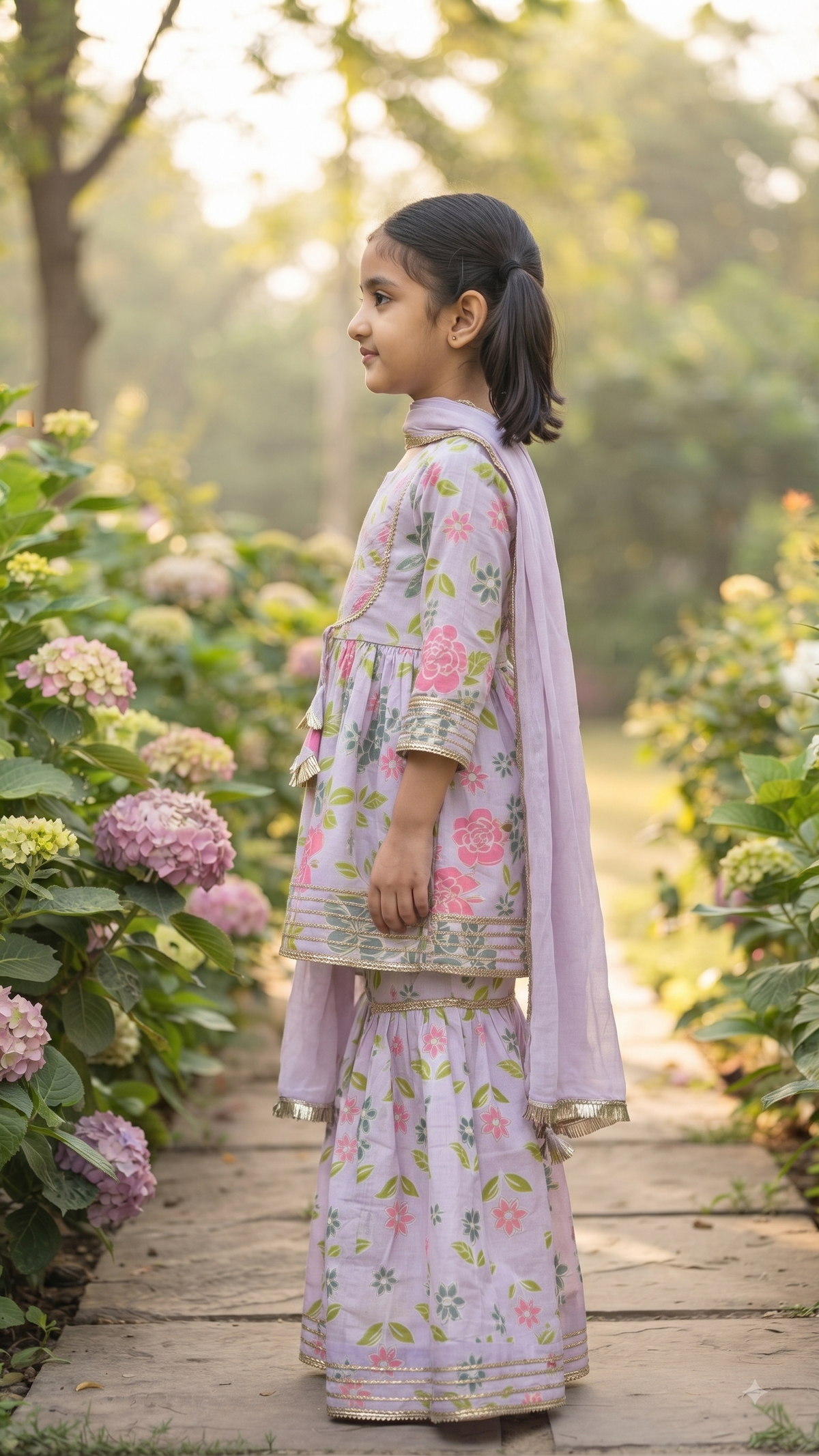 Girls Lavender Floral Printed Kurta with Sharara & Dupatta Set