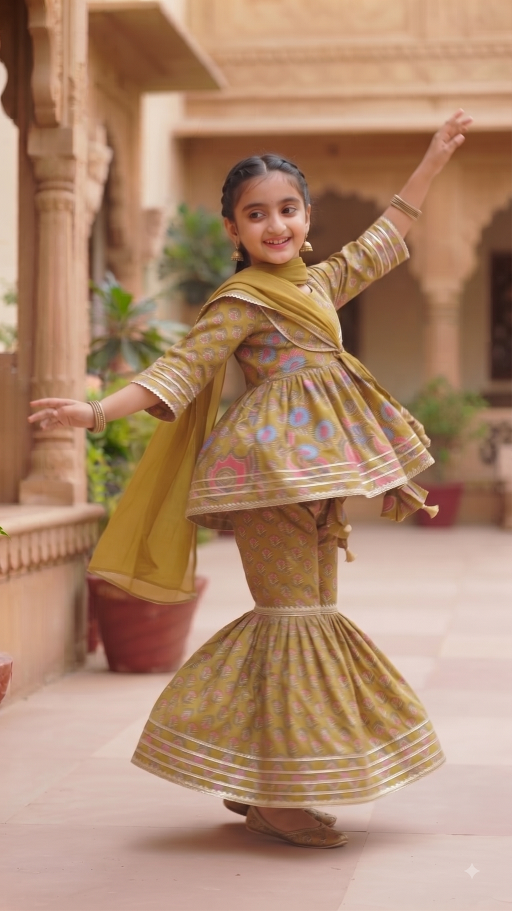 Mustard Floral Peplum Sharara Set for Girls