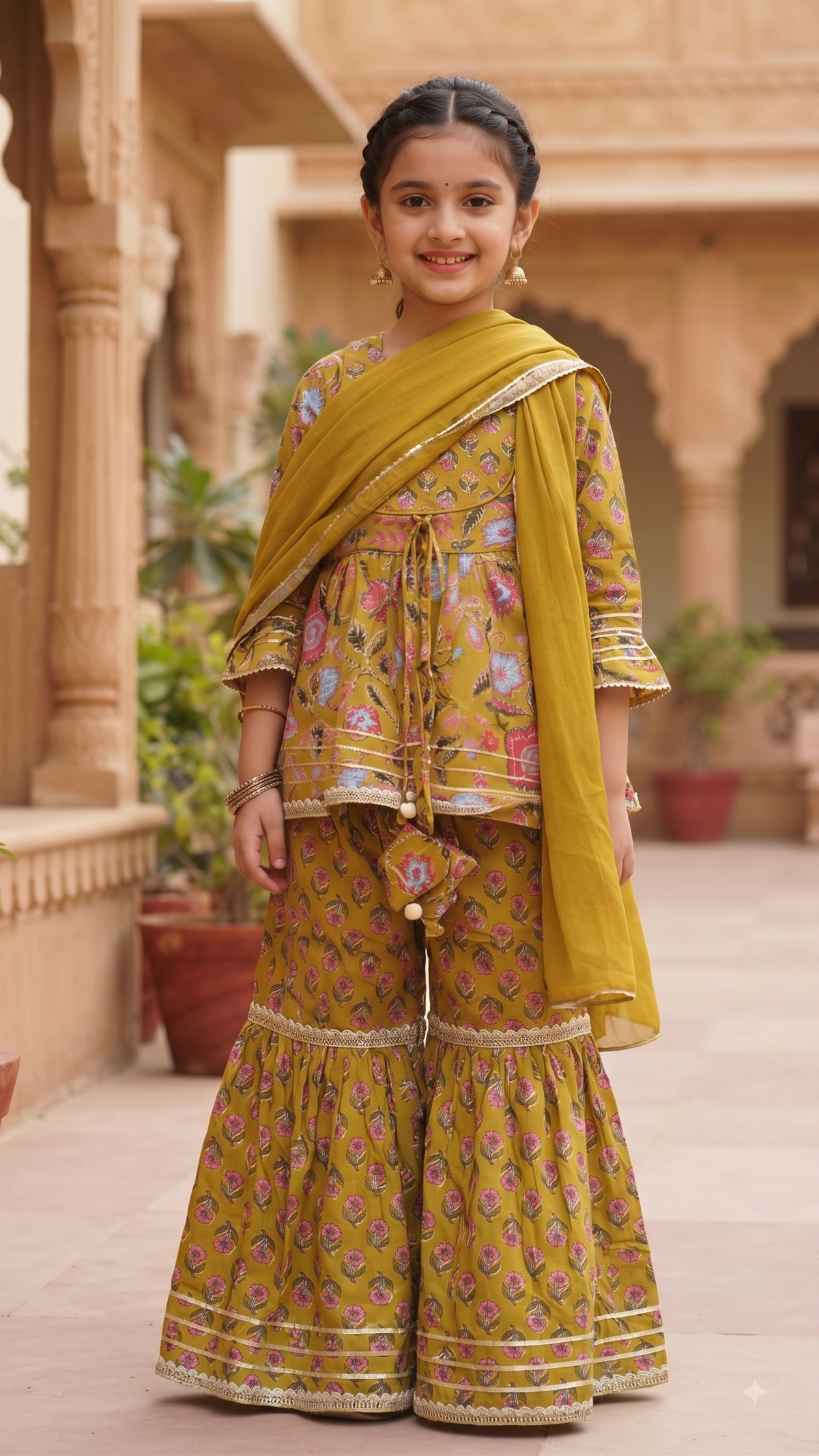 Mustard Floral Peplum Sharara Set for Girls