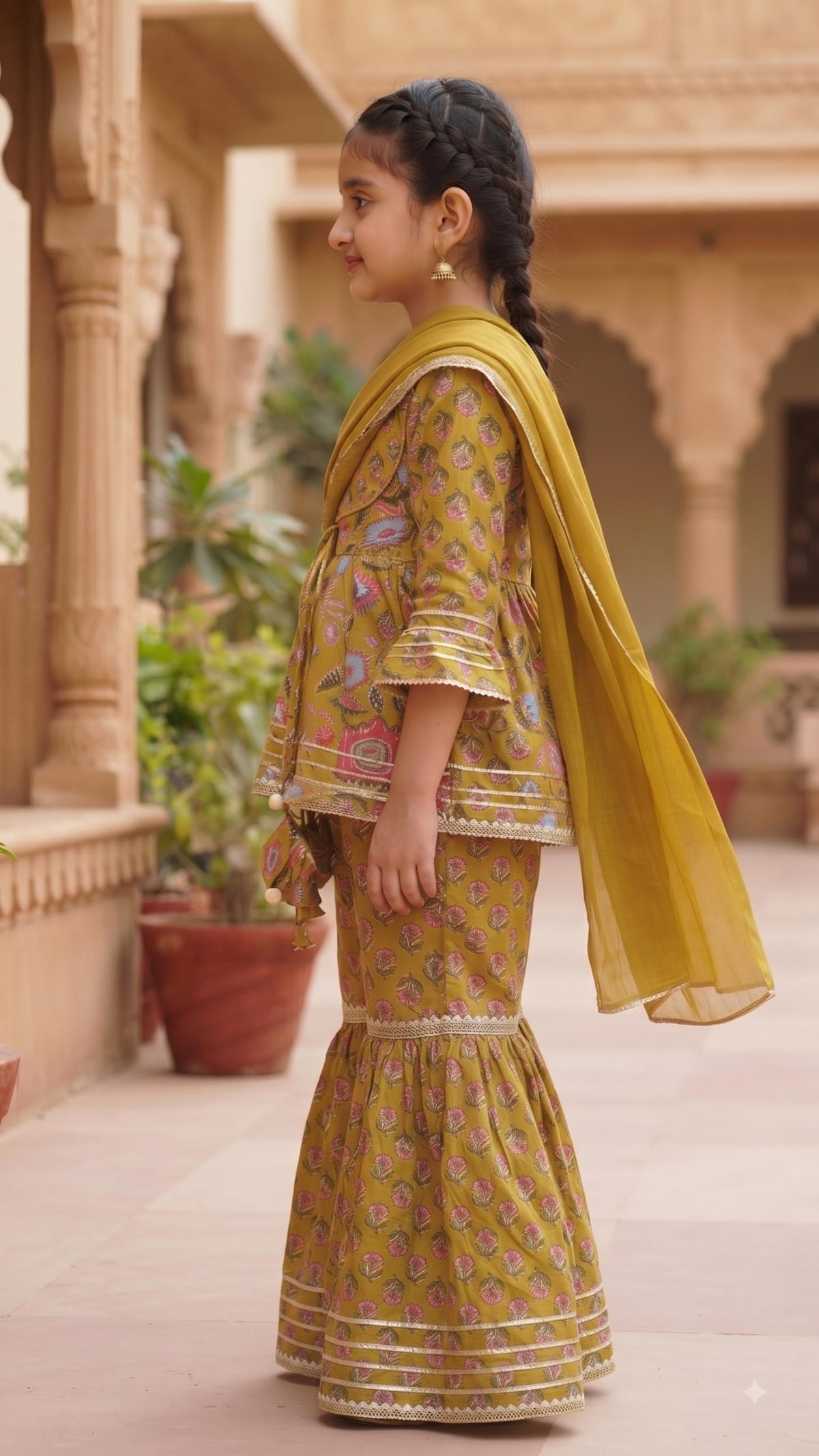 Mustard Floral Peplum Sharara Set for Girls