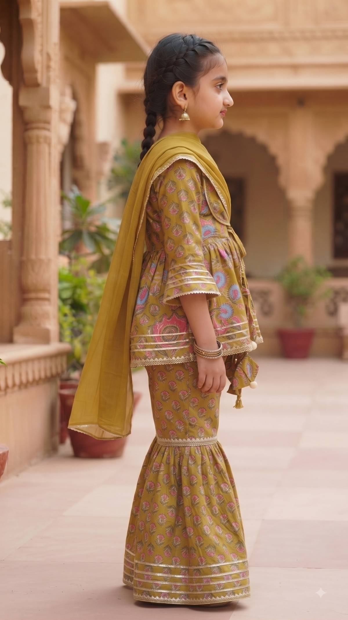 Mustard Floral Peplum Sharara Set for Girls