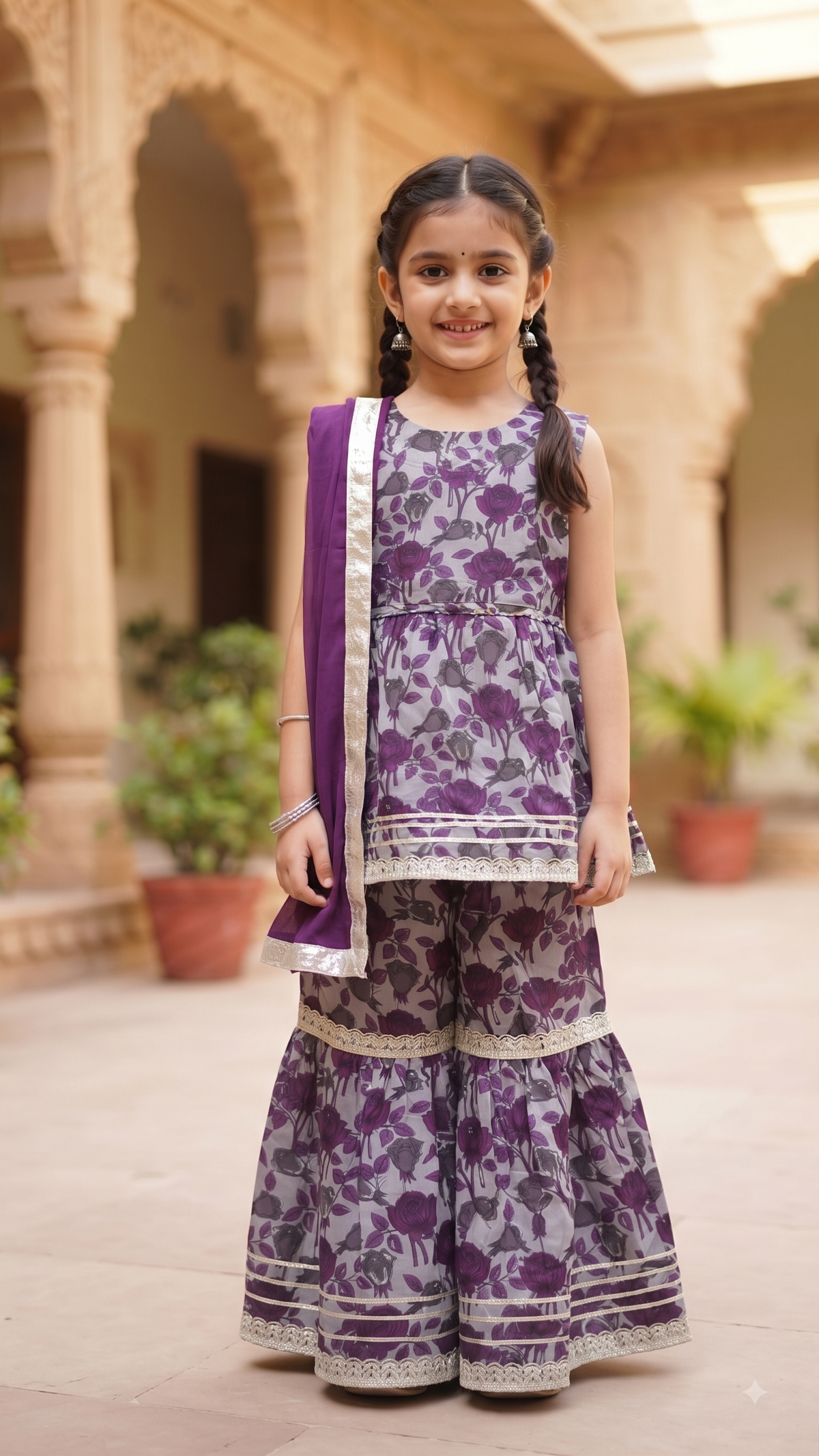 Purple Floral Peplum Sharara Set for Girls