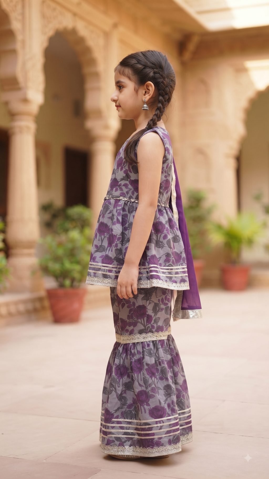 Purple Floral Peplum Sharara Set for Girls