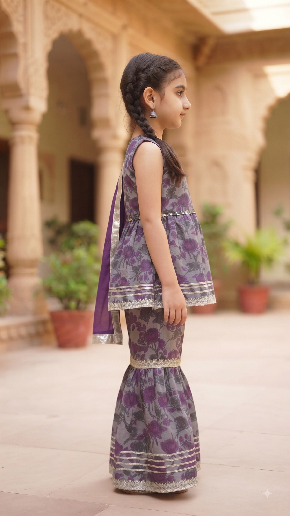Purple Floral Peplum Sharara Set for Girls