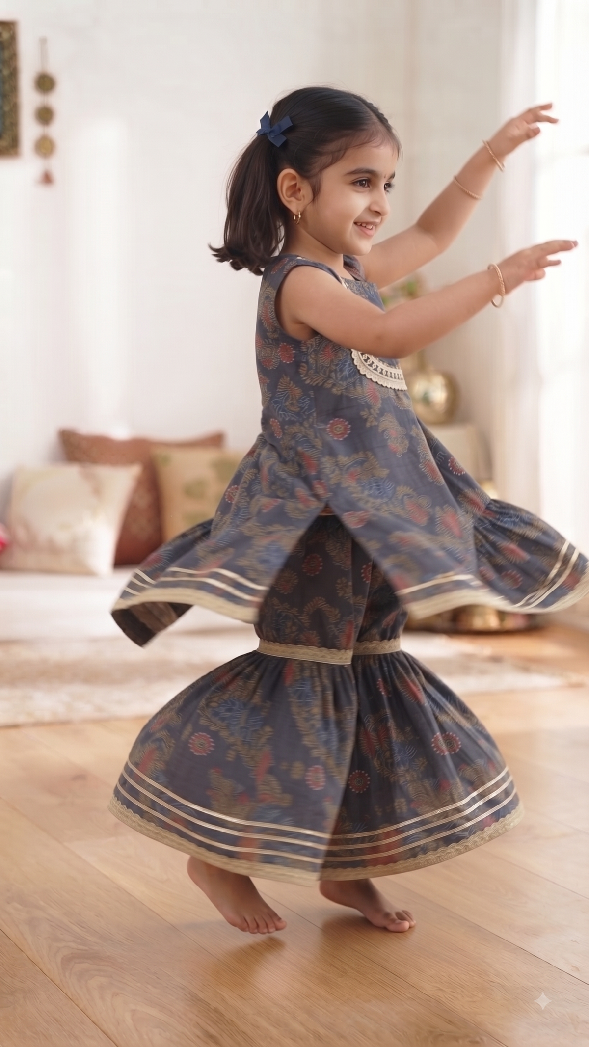 Olecuzi Girls Navy Blue Floral Print Kurta with Sharara Set - Ethnic Wear for Kids