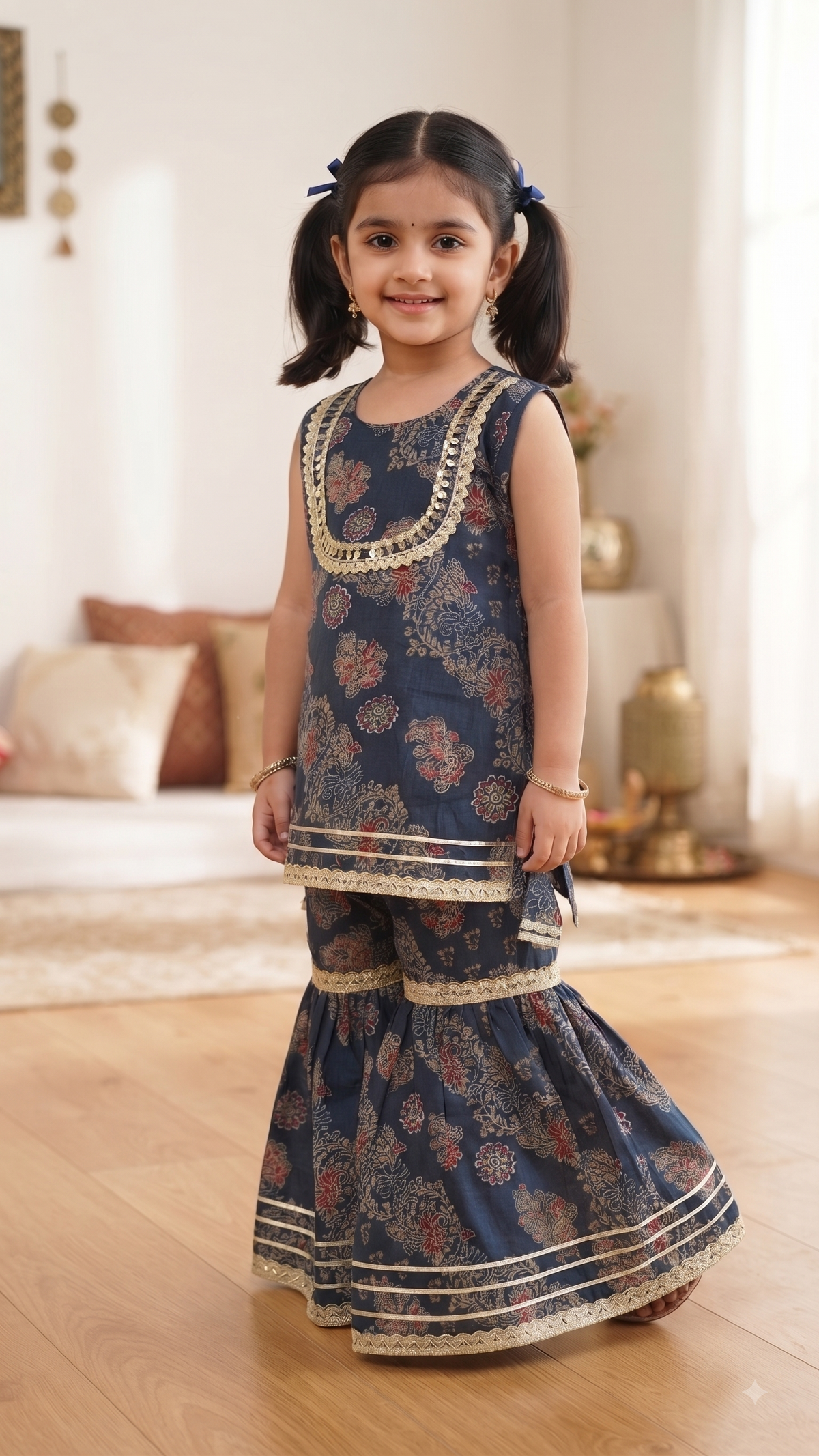 Olecuzi Girls Navy Blue Floral Print Kurta with Sharara Set - Ethnic Wear for Kids