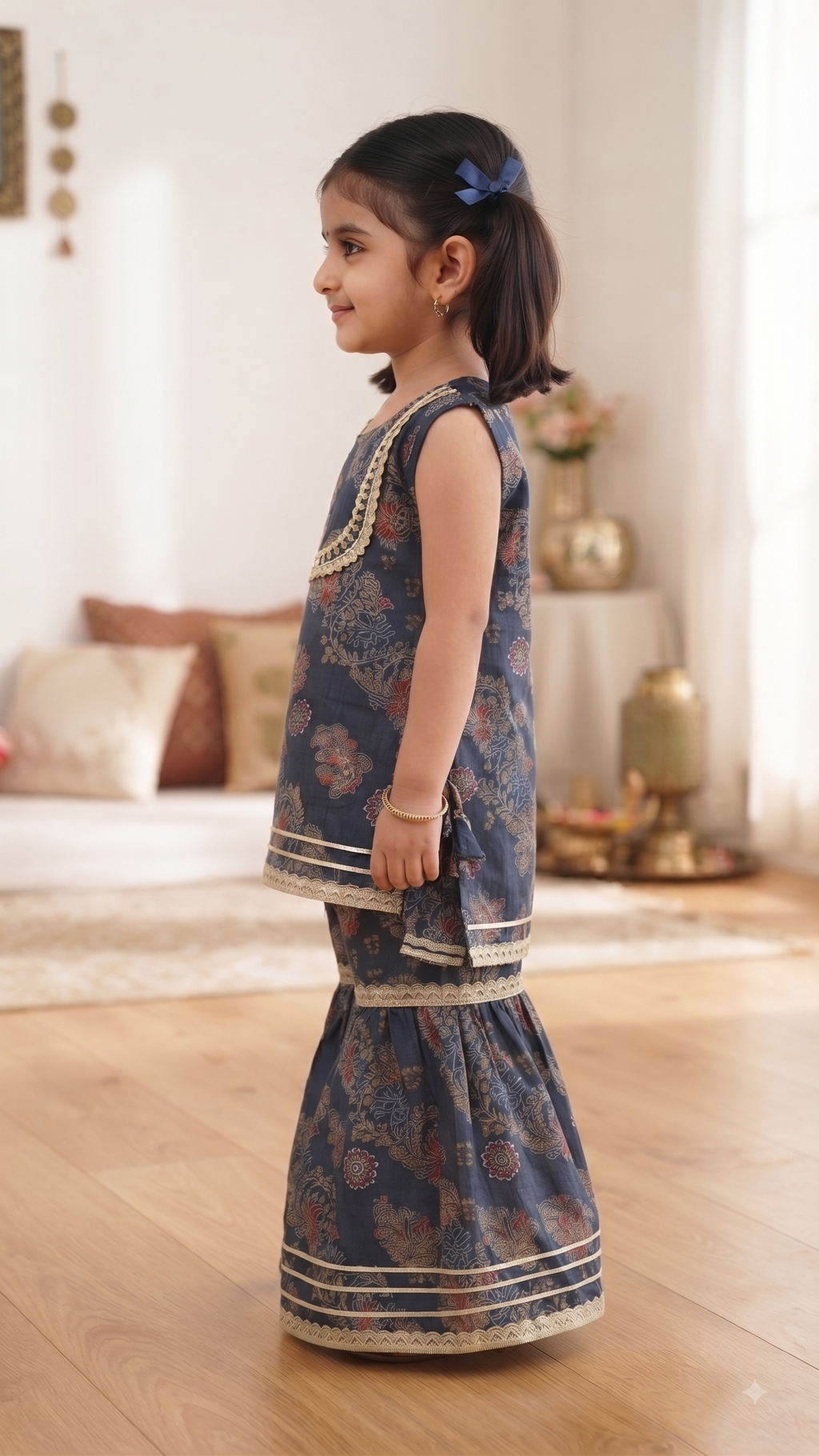 Olecuzi Girls Navy Blue Floral Print Kurta with Sharara Set - Ethnic Wear for Kids
