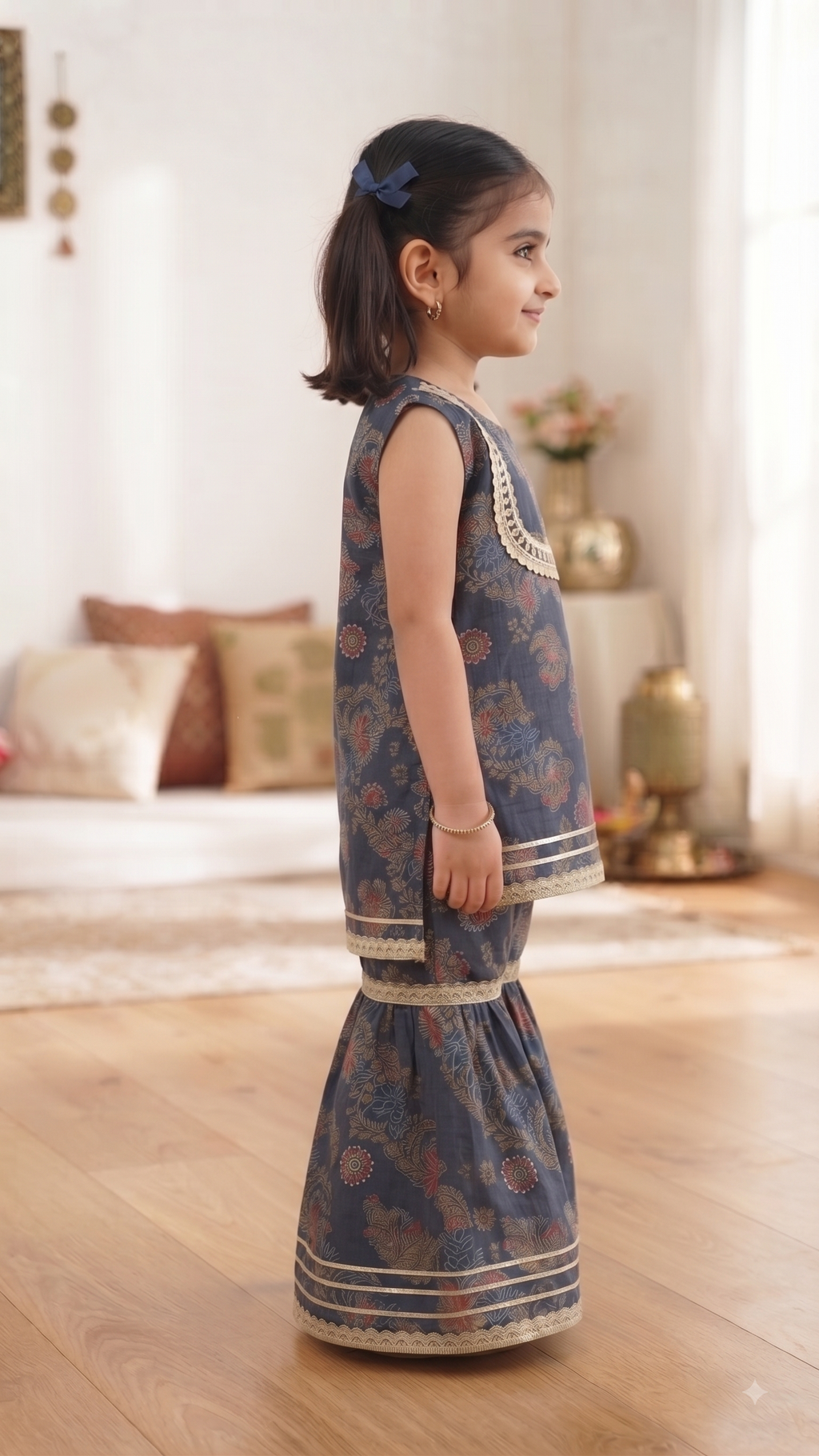Olecuzi Girls Navy Blue Floral Print Kurta with Sharara Set - Ethnic Wear for Kids