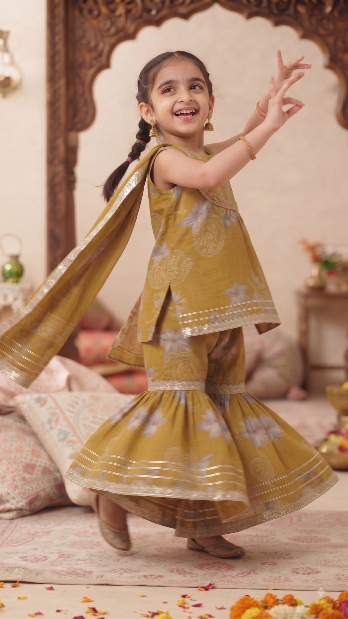 Mustard Floral Print Sharara Set for Girls