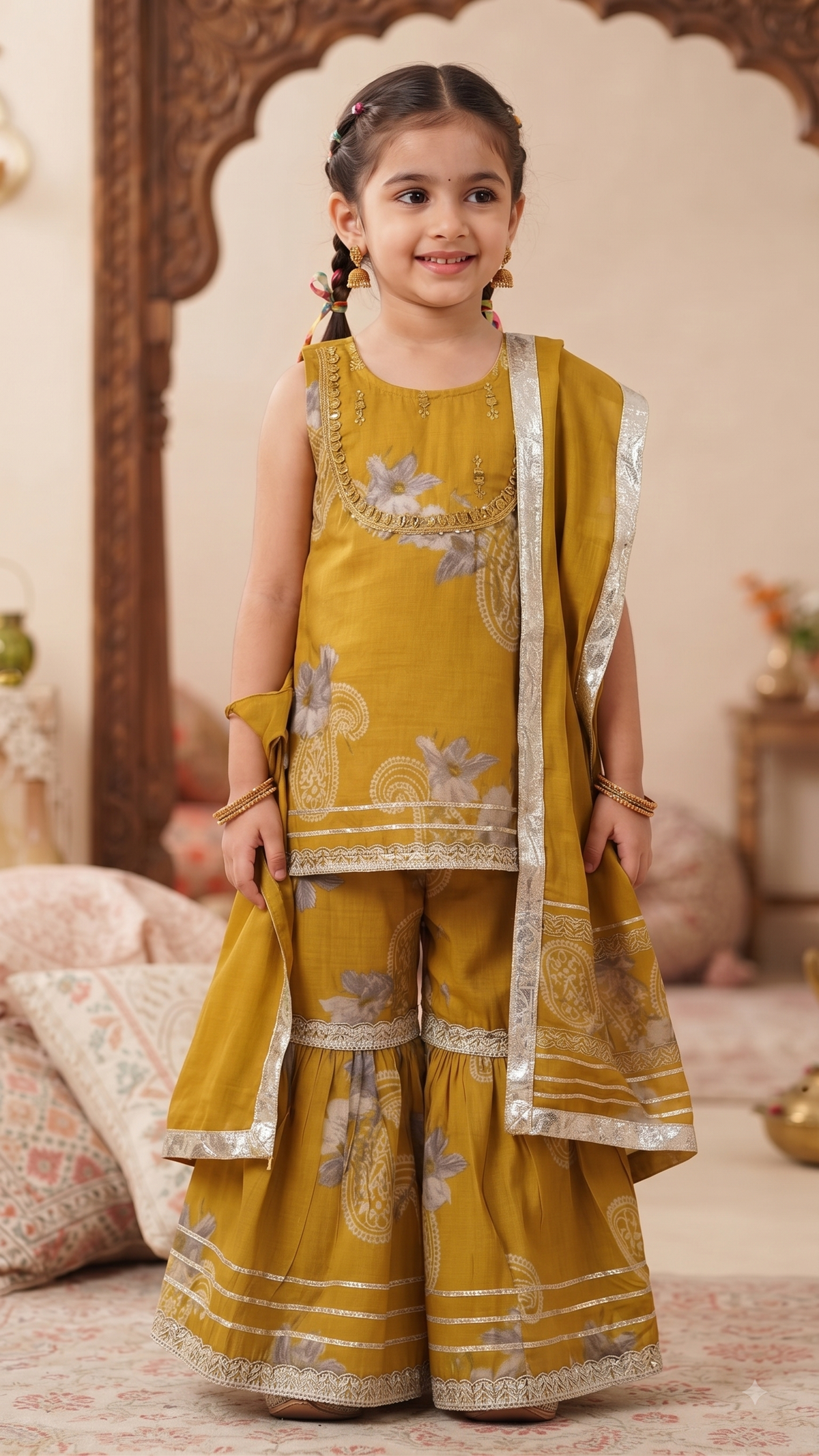 Mustard Floral Print Sharara Set for Girls