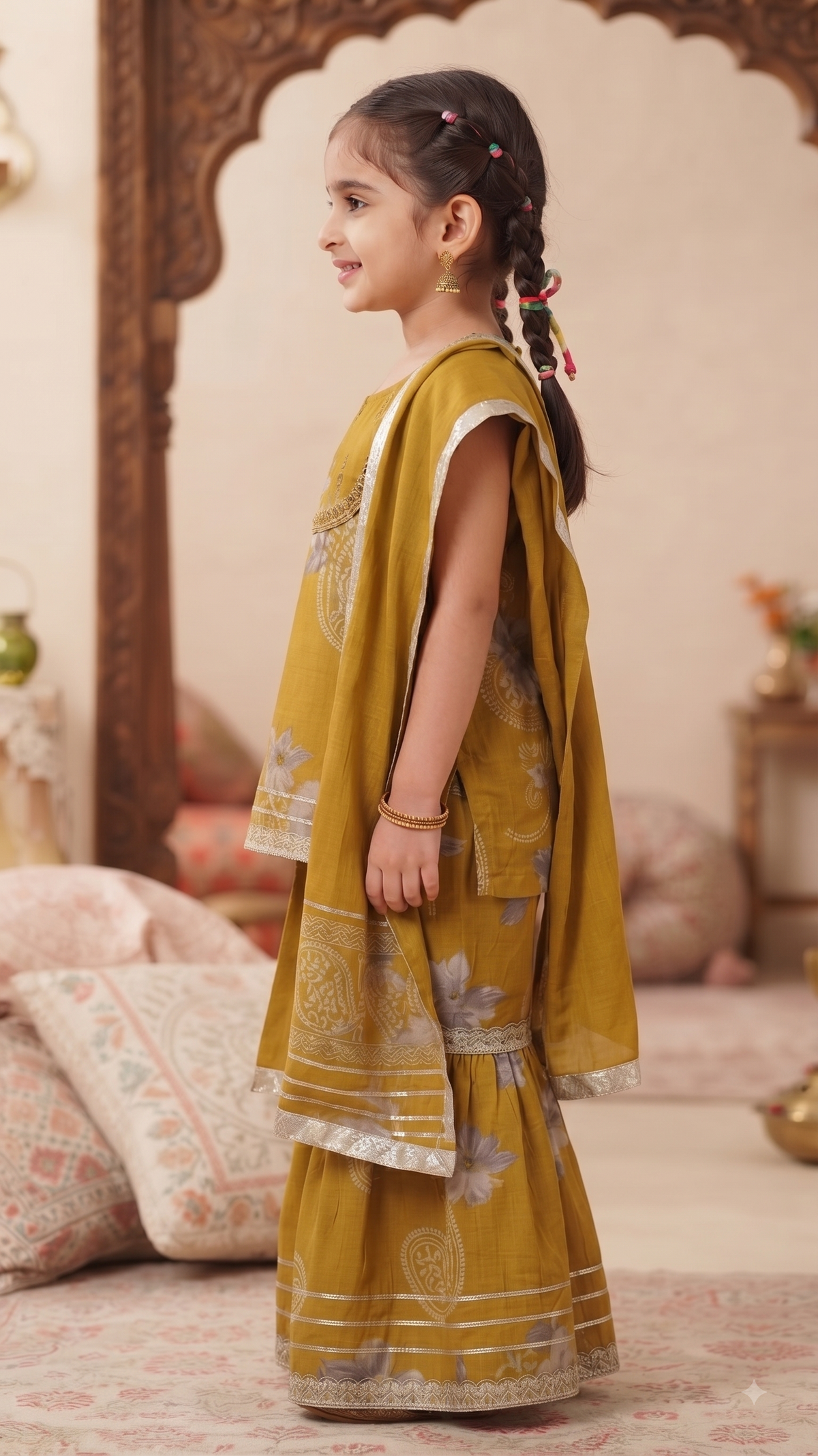 Mustard Floral Print Sharara Set for Girls
