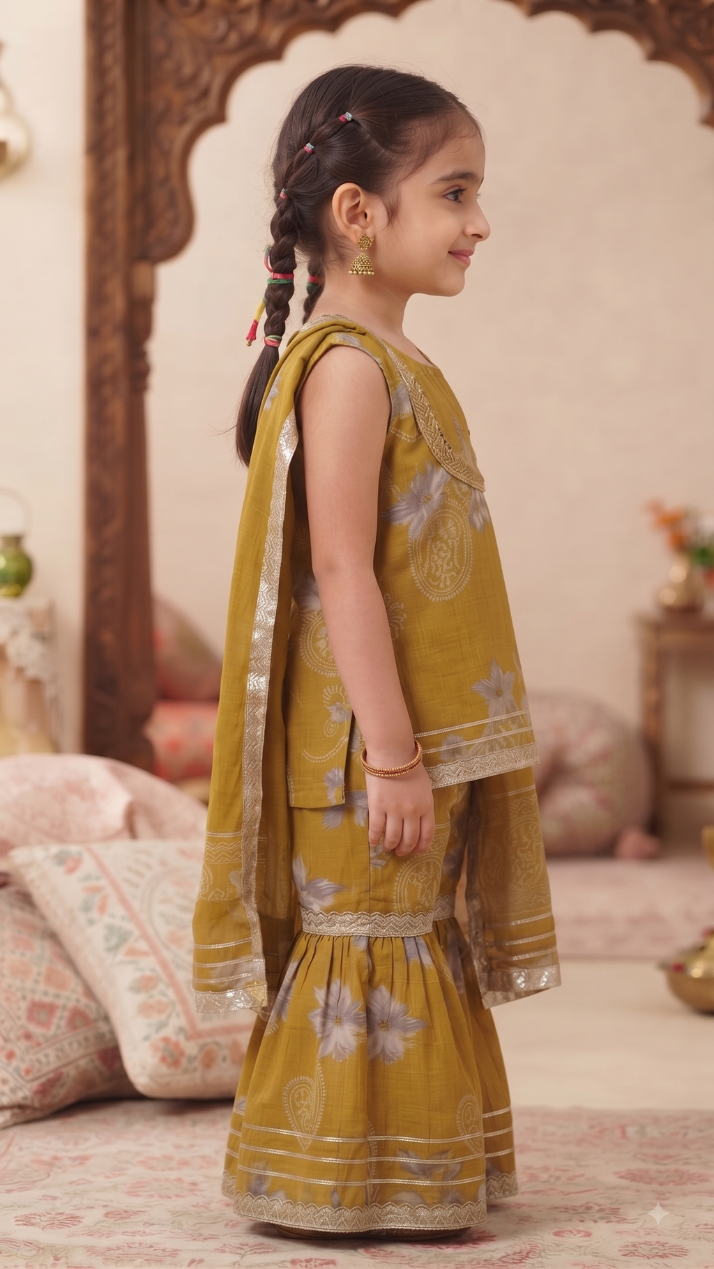 Mustard Floral Print Sharara Set for Girls