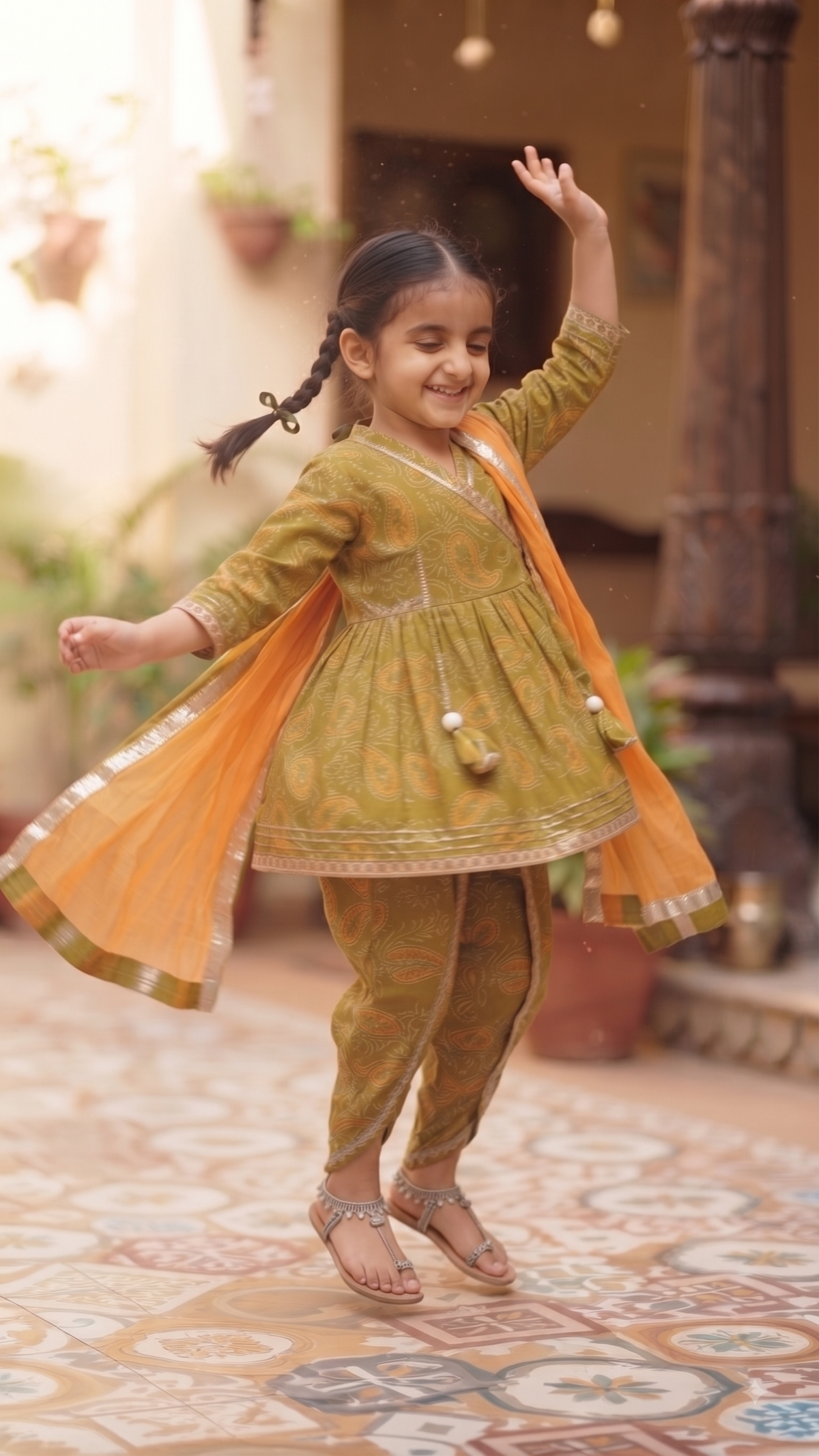 Olecuzi Kids Mustard Paisley Printed Angrakha Kurti with Dhoti Pants and Dupatta Set