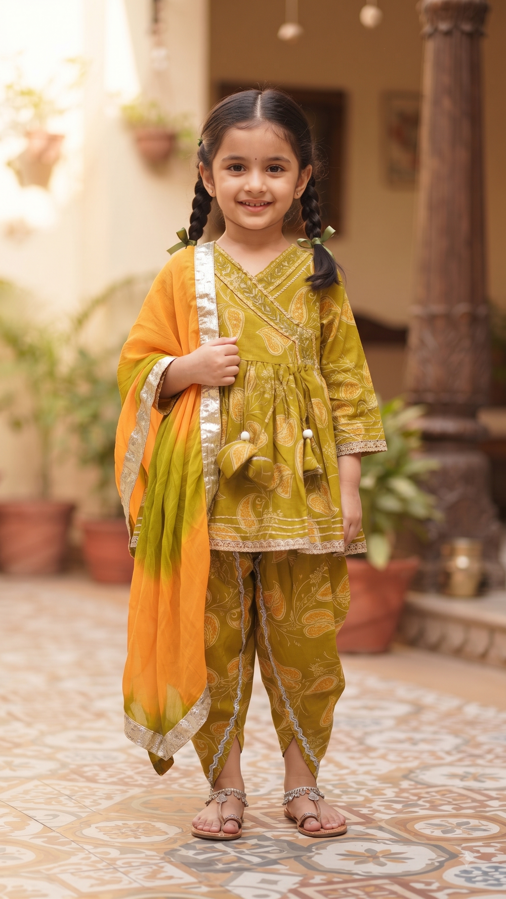 Olecuzi Kids Mustard Paisley Printed Angrakha Kurti with Dhoti Pants and Dupatta Set