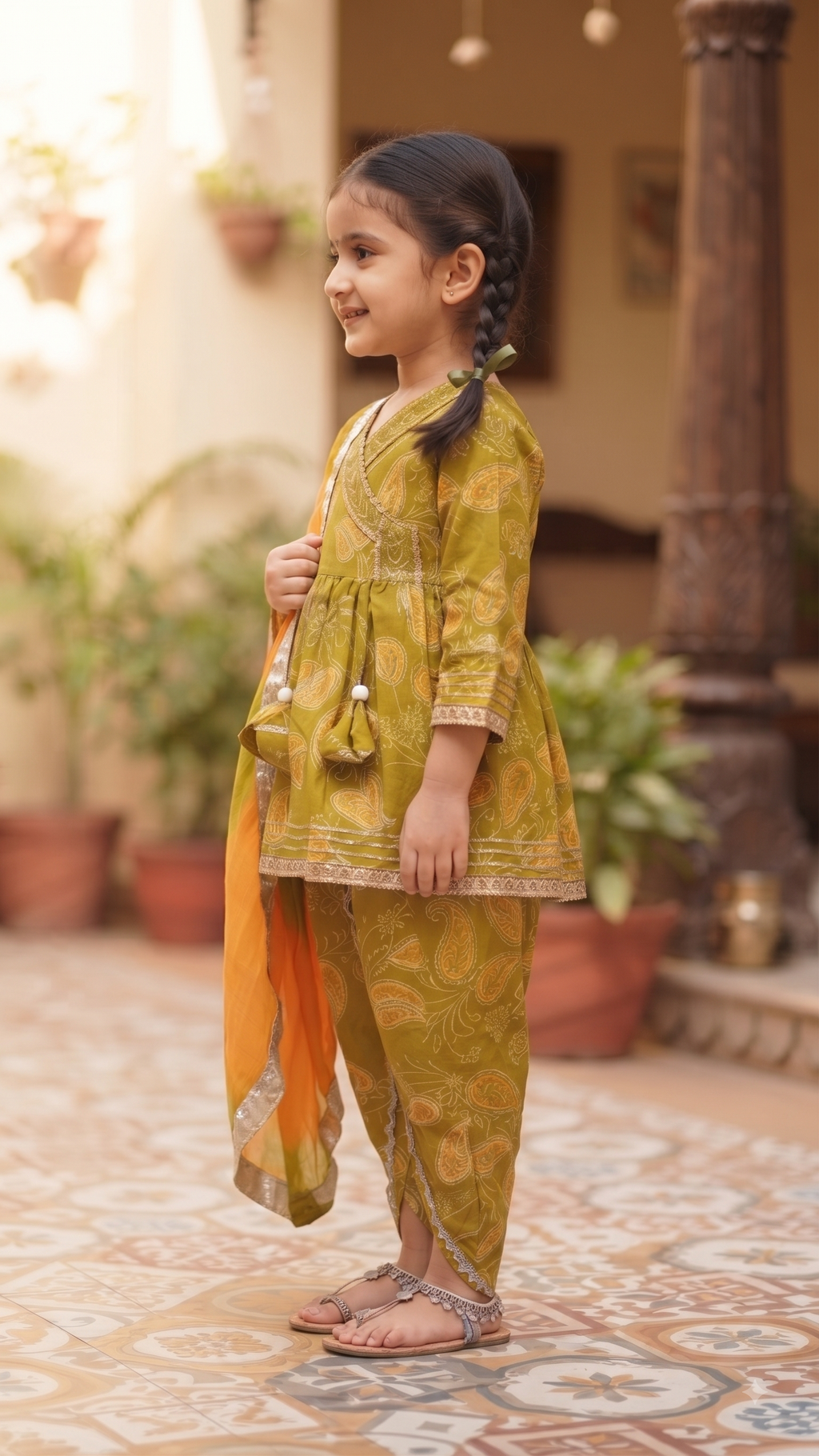 Olecuzi Kids Mustard Paisley Printed Angrakha Kurti with Dhoti Pants and Dupatta Set