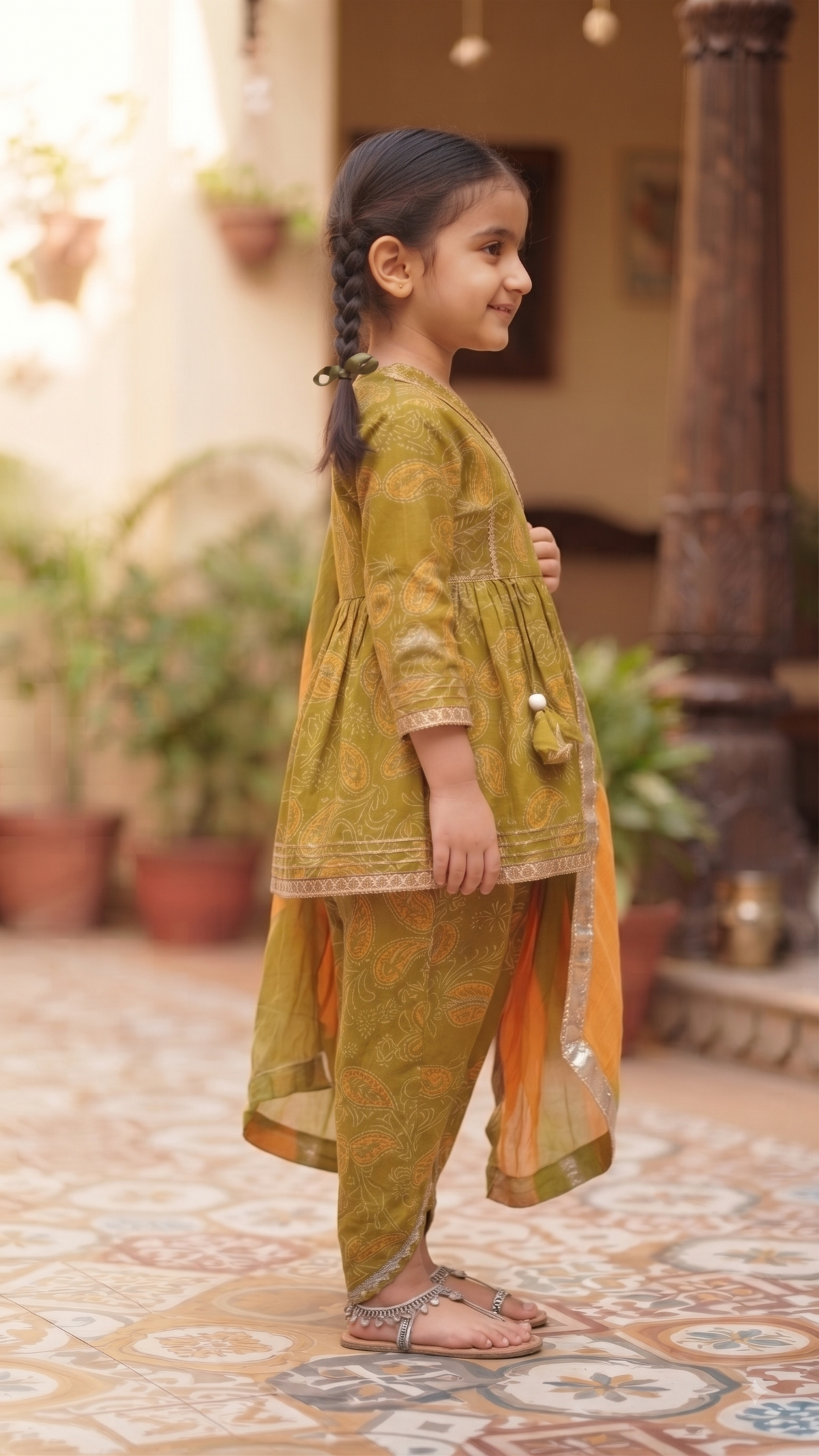 Olecuzi Kids Mustard Paisley Printed Angrakha Kurti with Dhoti Pants and Dupatta Set