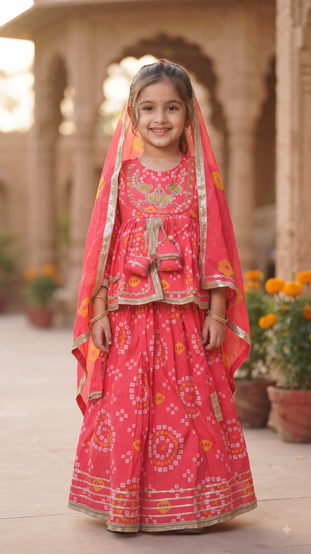 Olecuzi Cute Red Bandhani Print Lehenga Choli Set for Girls