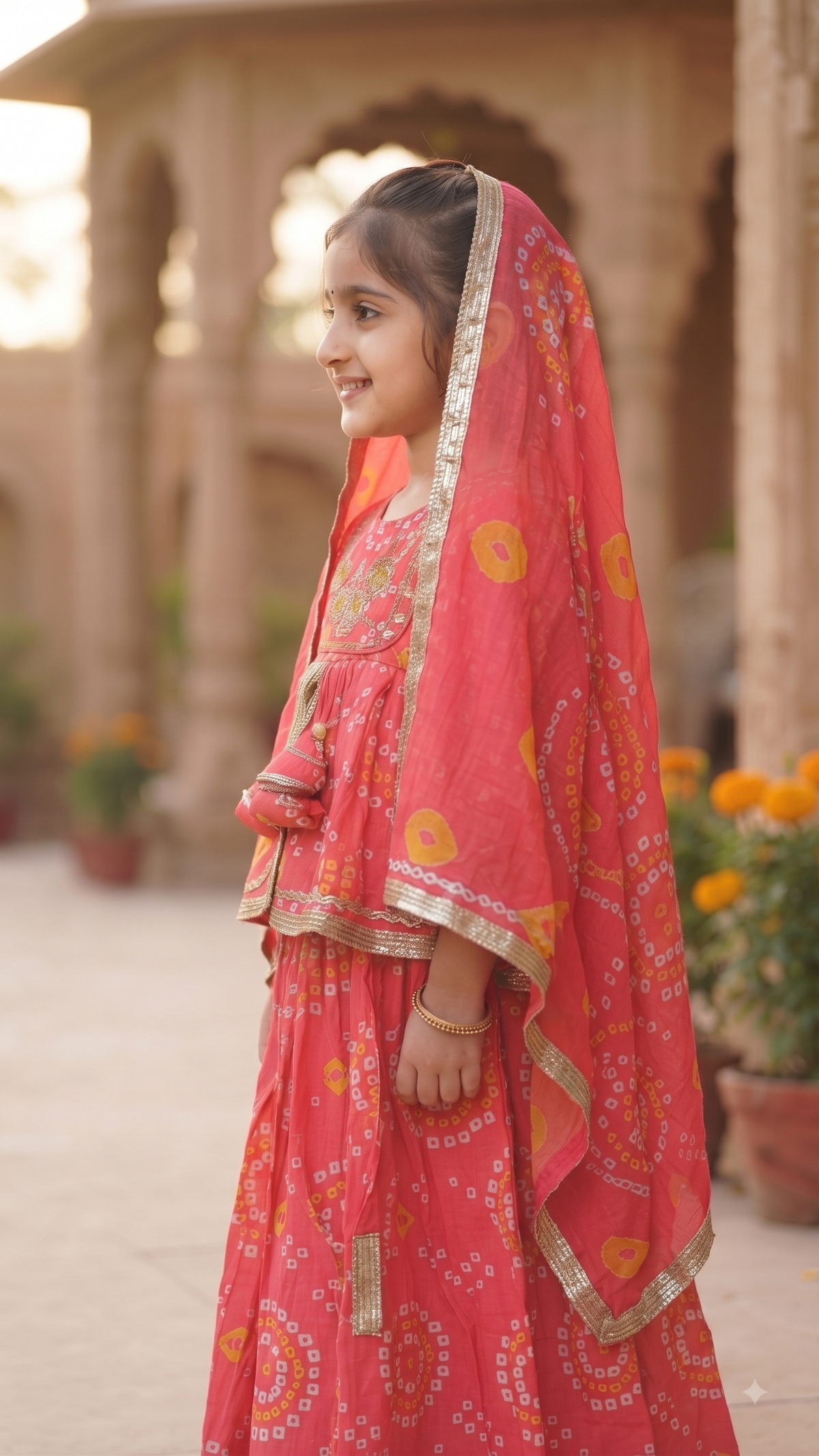 Olecuzi Cute Red Bandhani Print Lehenga Choli Set for Girls
