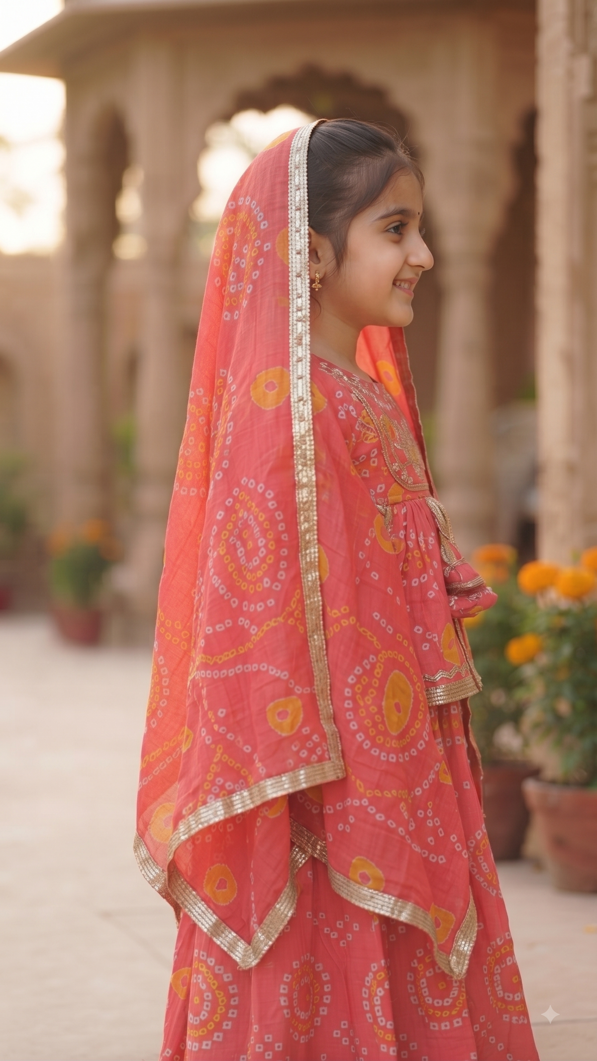 Olecuzi Cute Red Bandhani Print Lehenga Choli Set for Girls