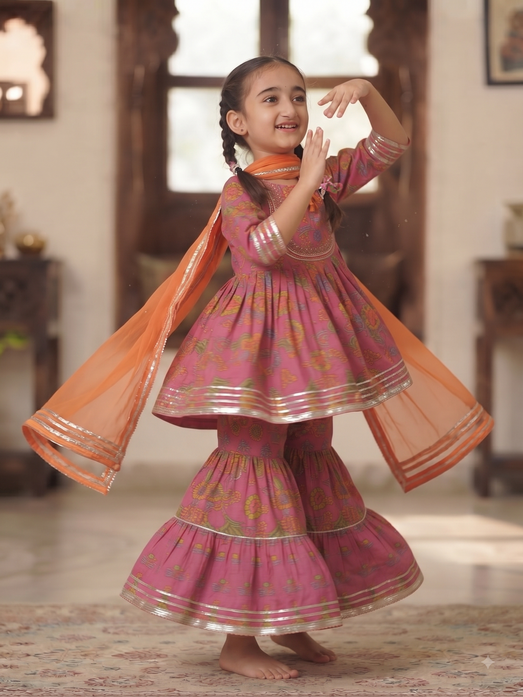 Olecuzi Kids Pink Floral Print Sharara Set with Orange Dupatta